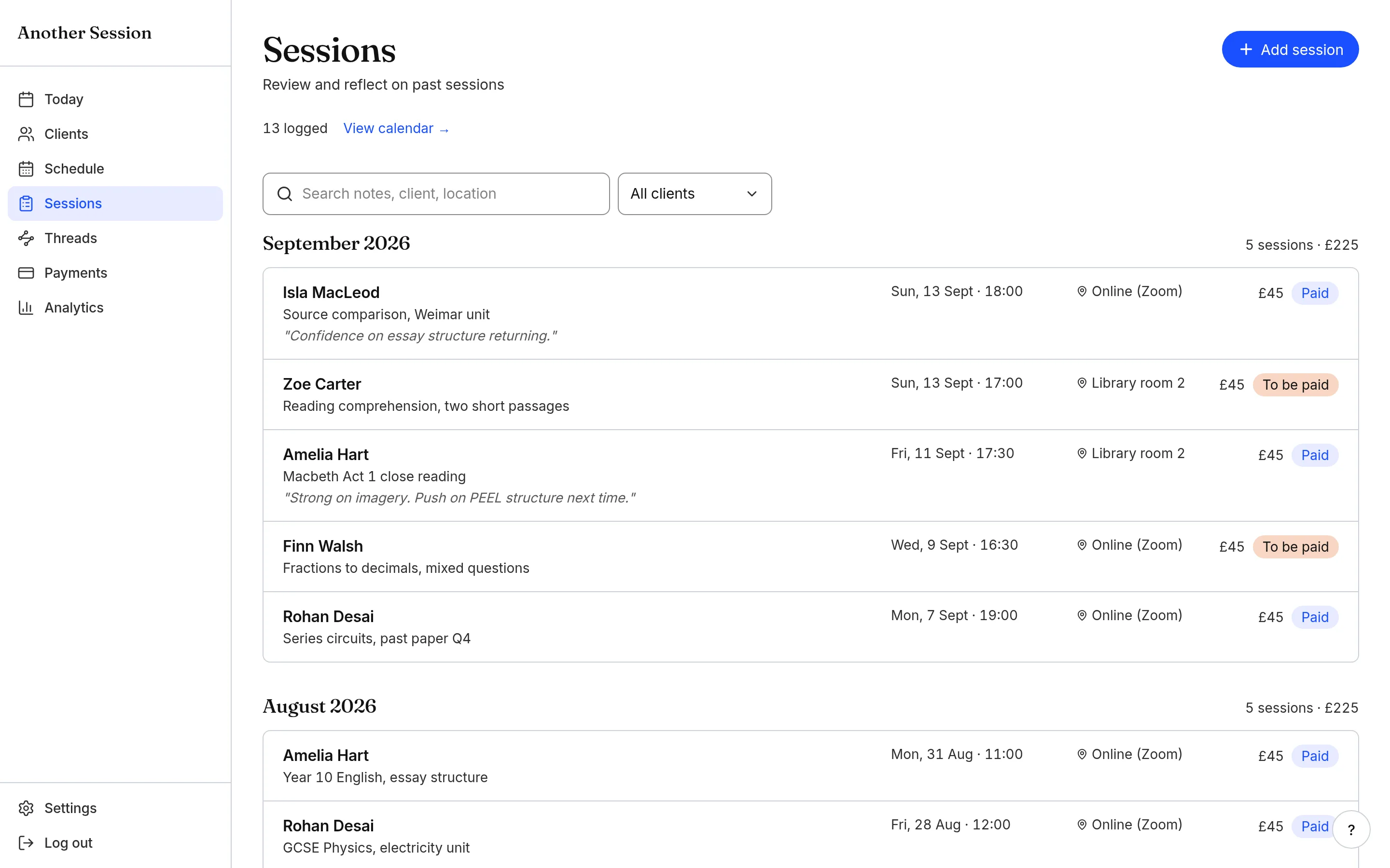 A tutoring student's lessons and teaching history in Another Session