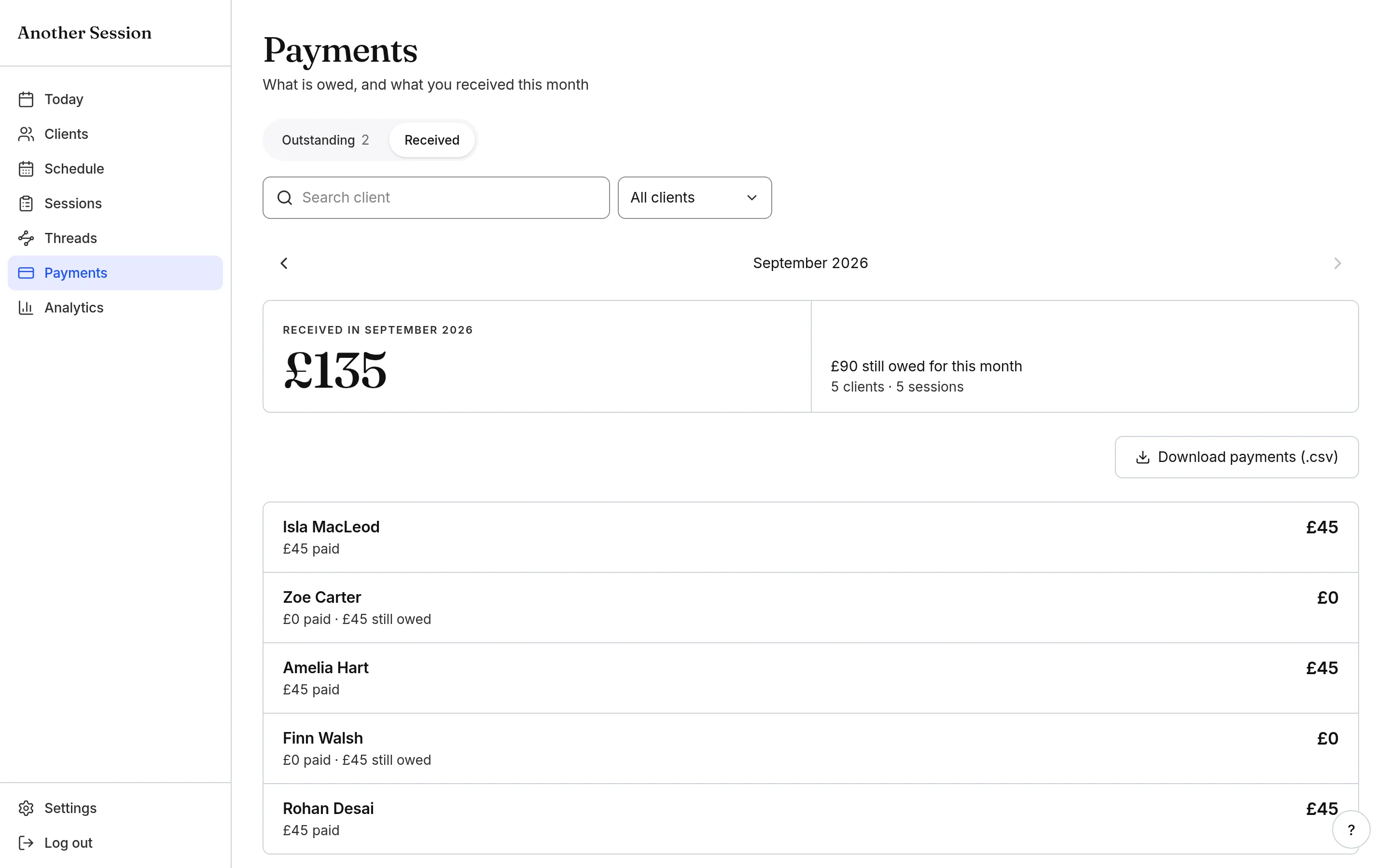 Another Session payments showing a tutor’s paid and outstanding lessons for the month