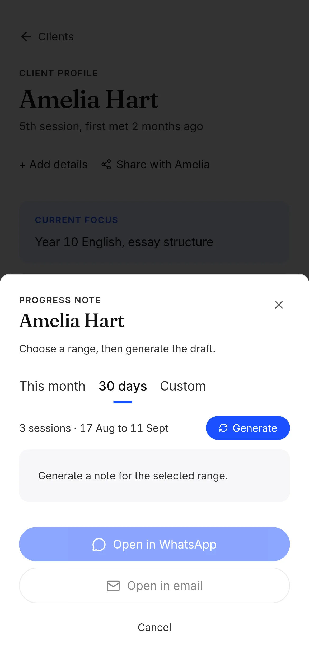 A draft tutoring progress update on a phone