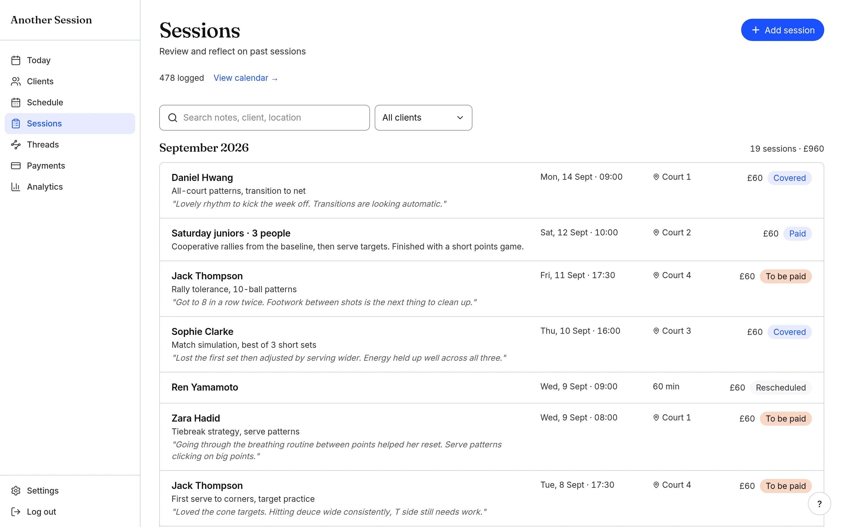 Another Session session history for a client, with the note written after each session