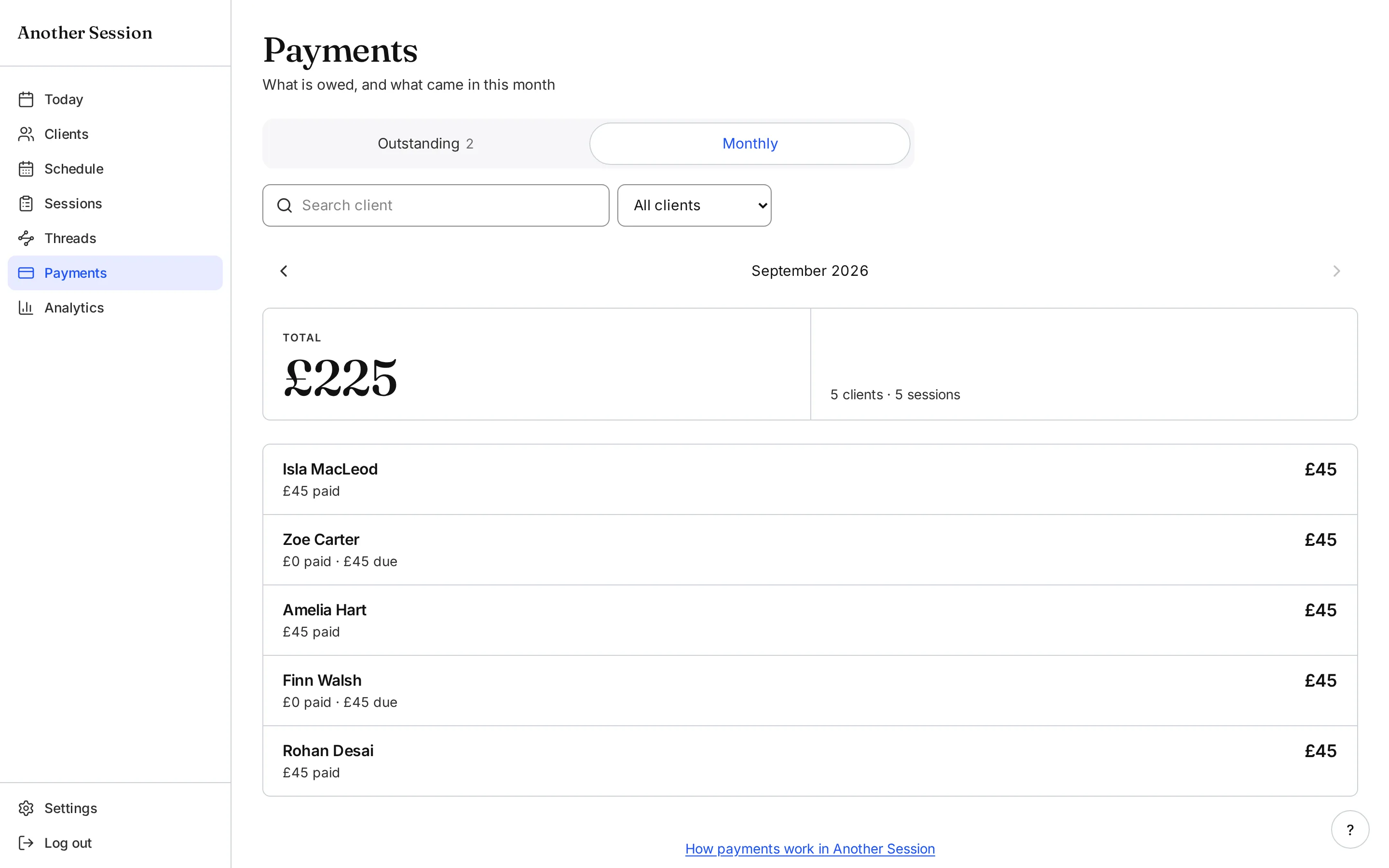 Another Session Payments page in Monthly view, showing tutoring students and their monthly lesson totals.