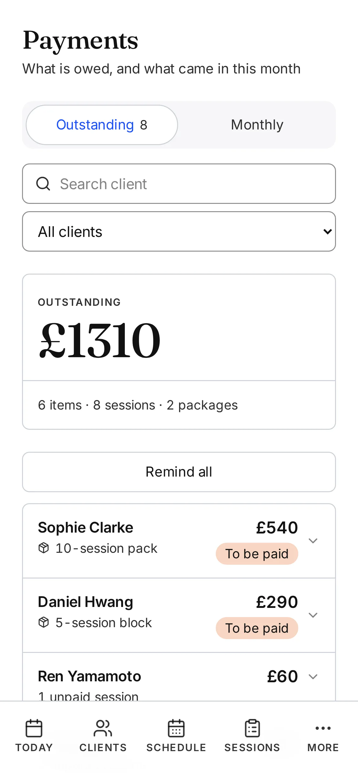 Another Session Payments screen showing recorded charges and payment status