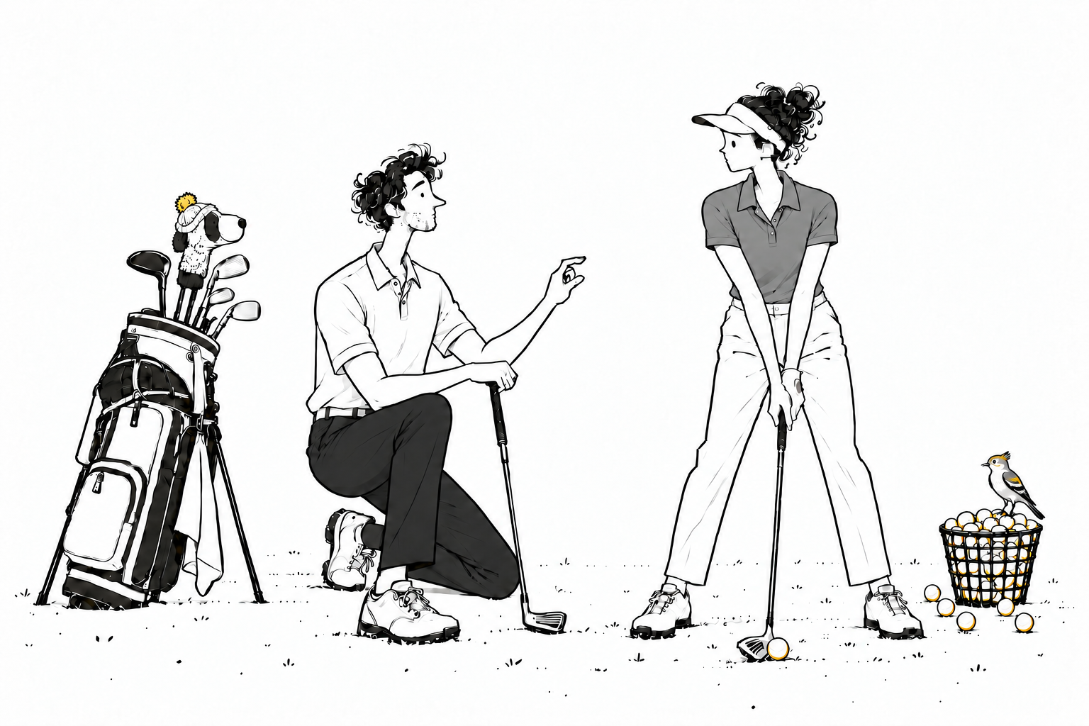 Golf coach kneeling beside a golfer to discuss her setup, with a golf bag and a basket of balls nearby.