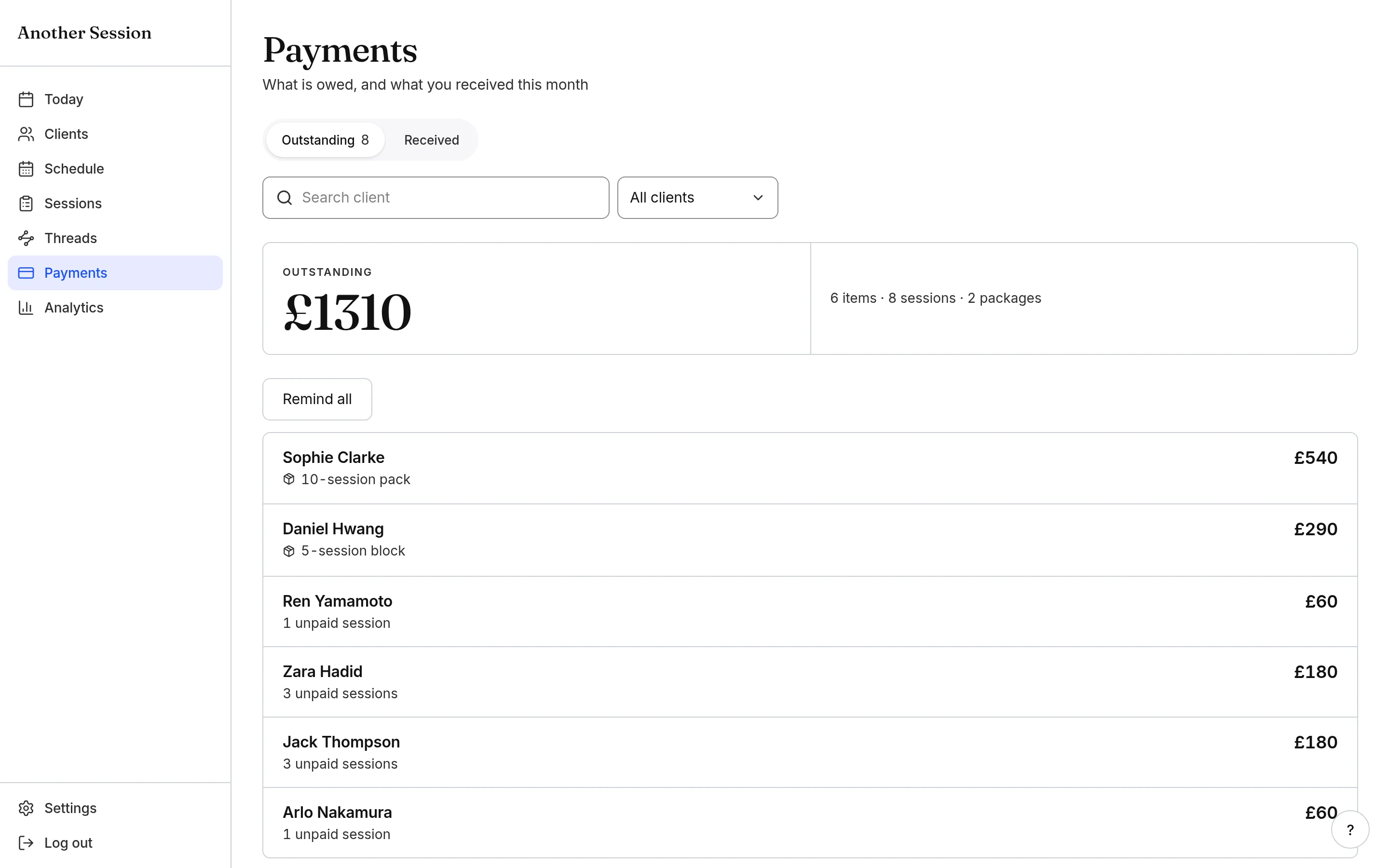 Another Session payments showing paid and outstanding tennis lessons