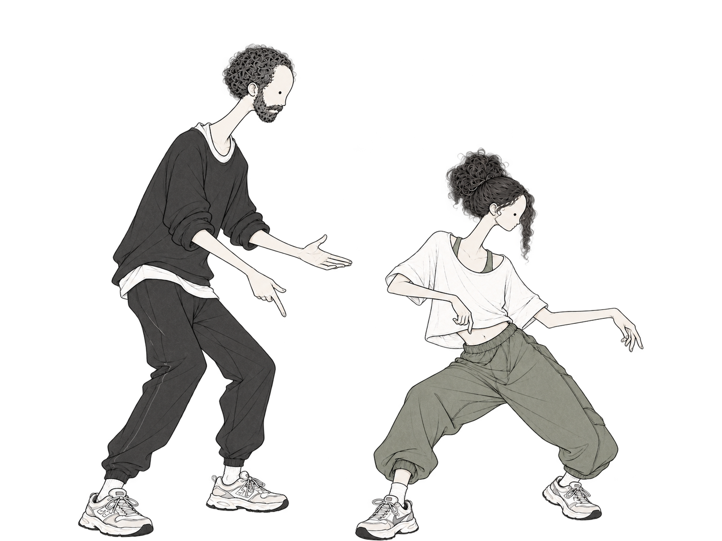 Dance teacher in a charcoal sweatshirt gesturing toward the floor beside a student in olive cargo trousers holding a low, wide stance, both mid-movement.