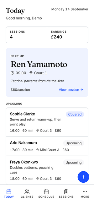 The Today screen in Another Session on a phone, showing the next sessions with times, rates and logging status