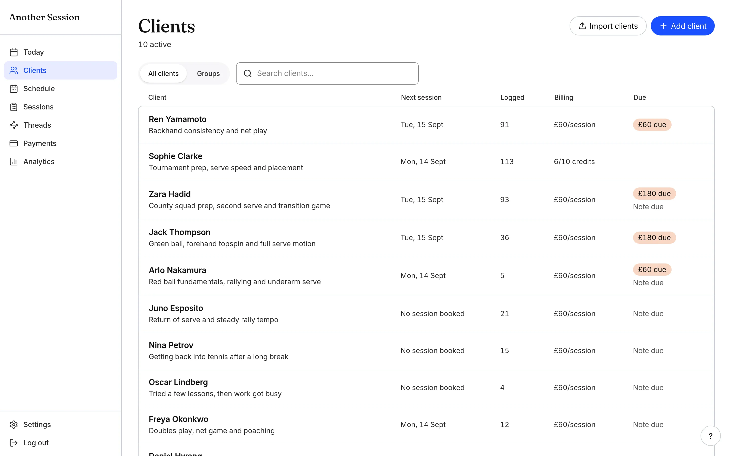 Another Session client list with next session dates, package balances and payment status