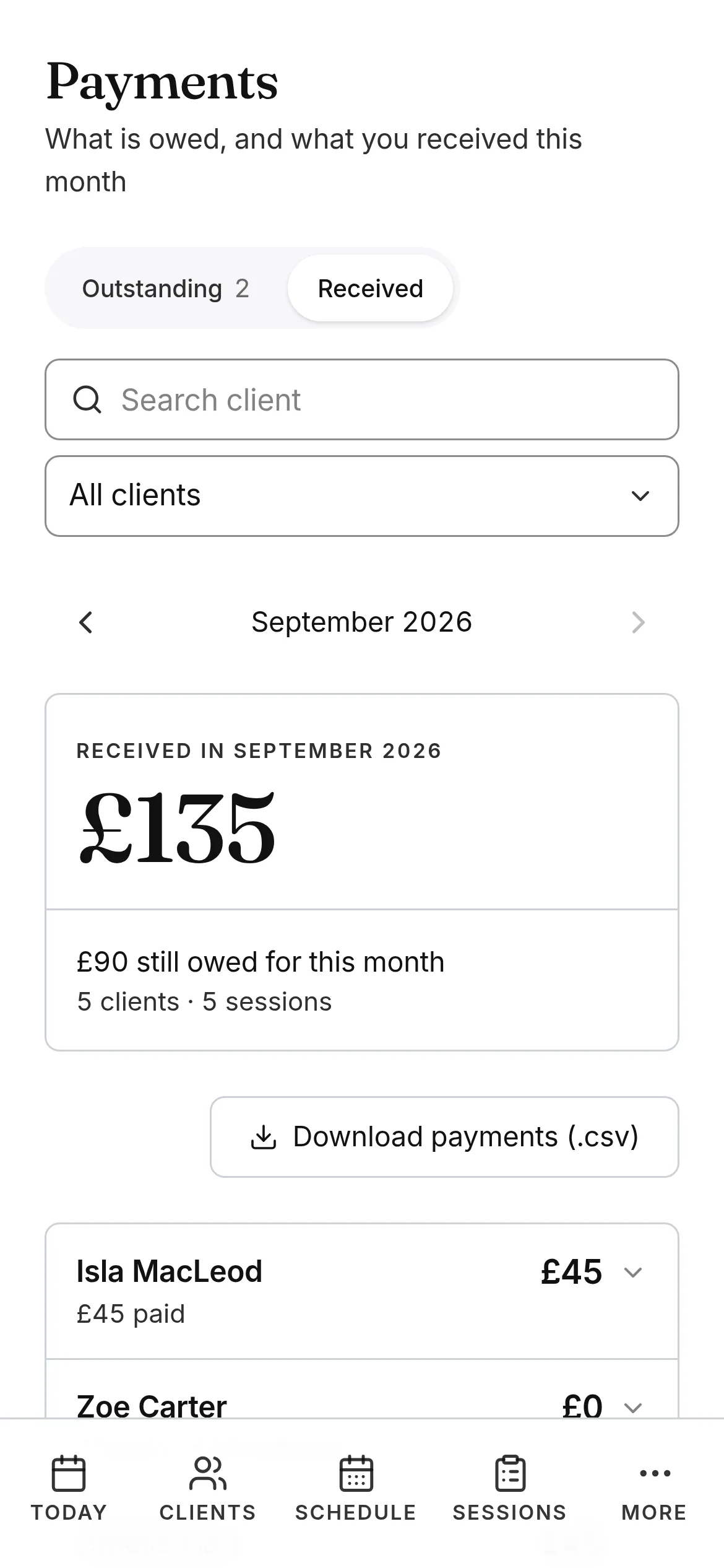 A tutor’s monthly payments in Another Session on a phone
