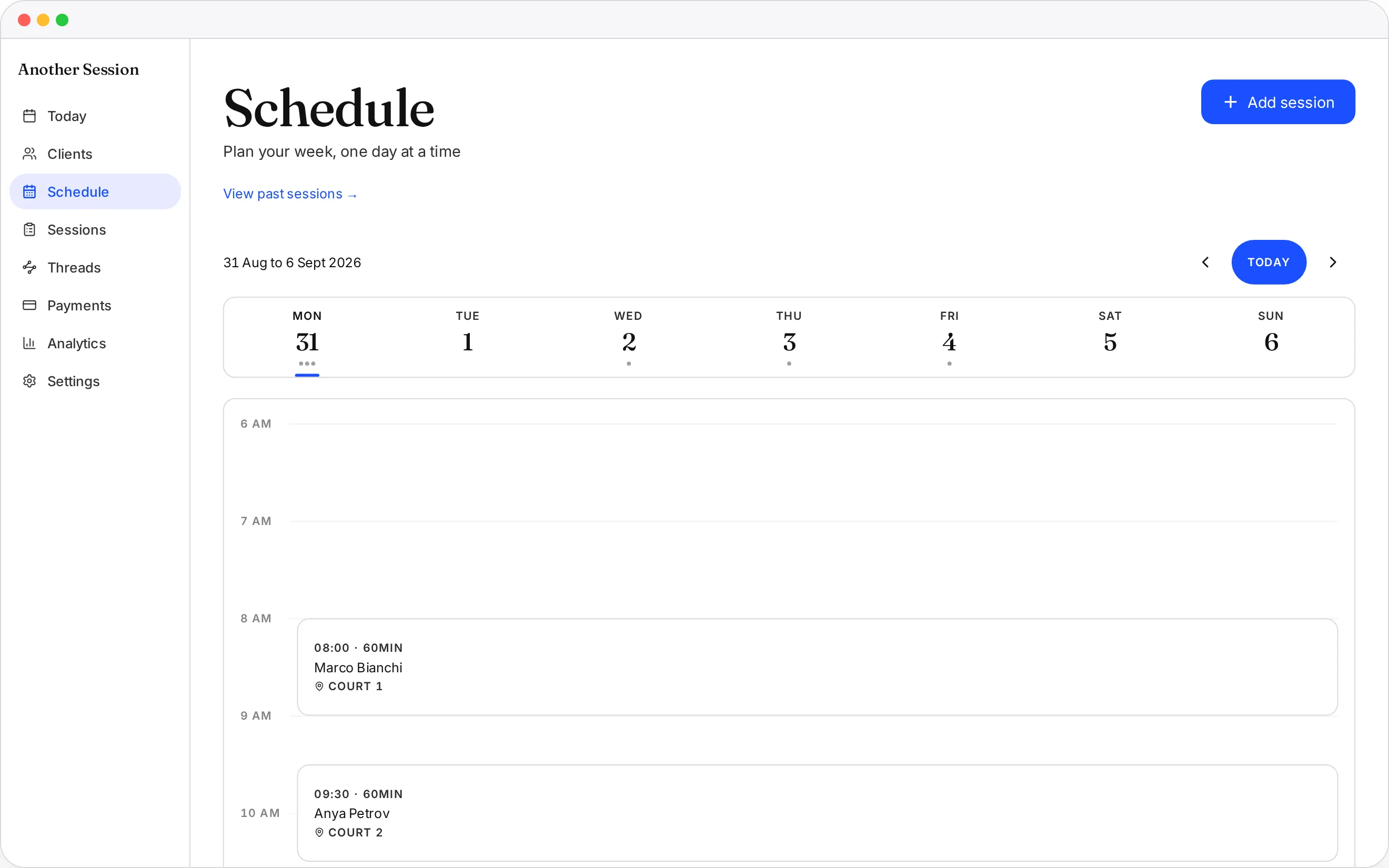 The schedule screen in Another Session