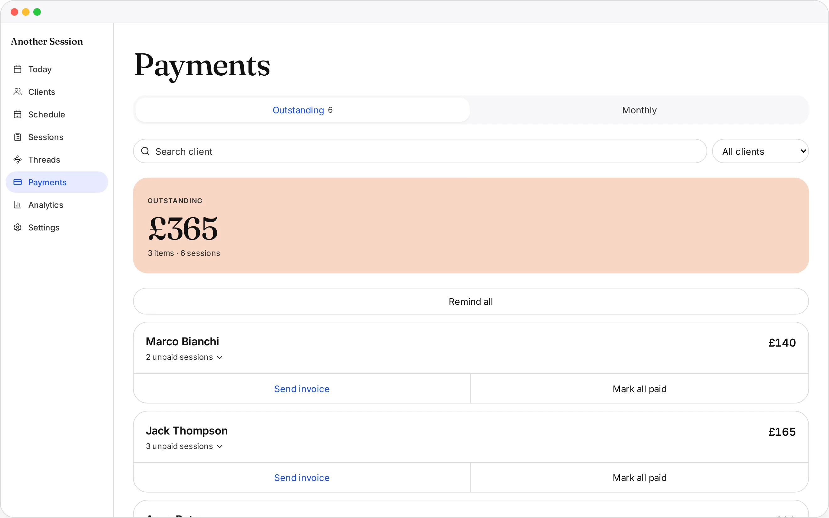 Another Session payments screen showing amounts due, paid sessions and package balances