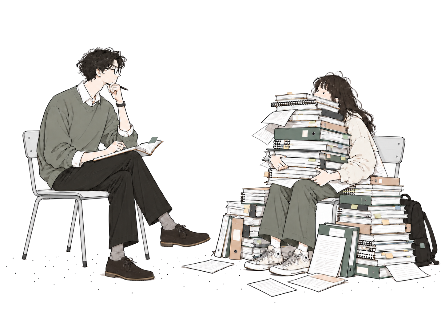 A tutor seated with a neat notebook and pen, watching a student buried under tall stacks of binders and papers.