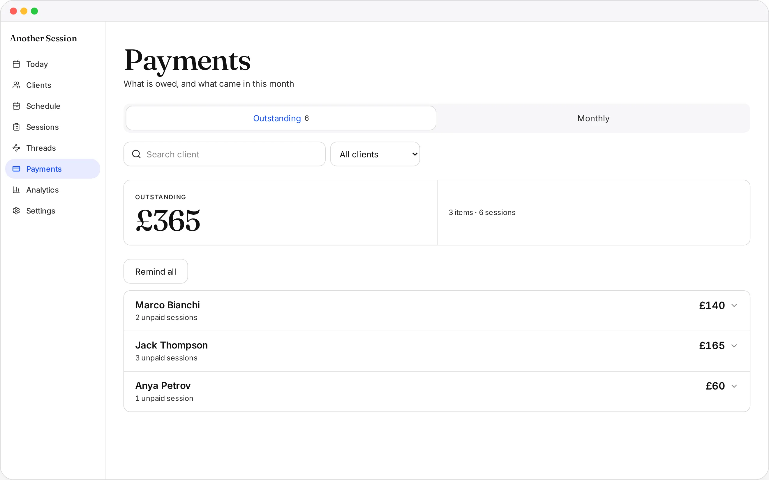 The payments view in Another Session, showing paid and outstanding lessons