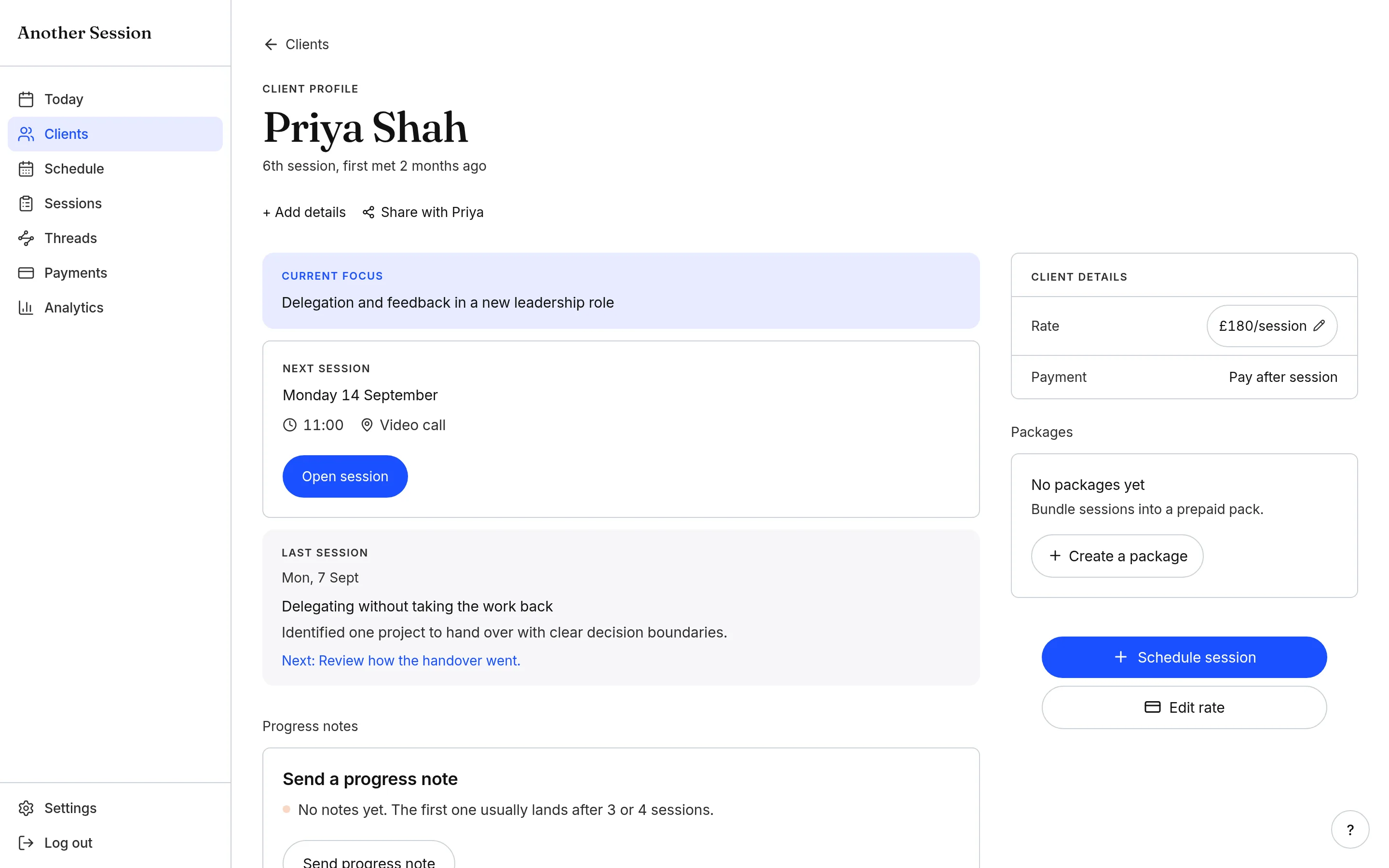 Priya Shah’s real Another Session client profile with leadership focus and previous coaching notes