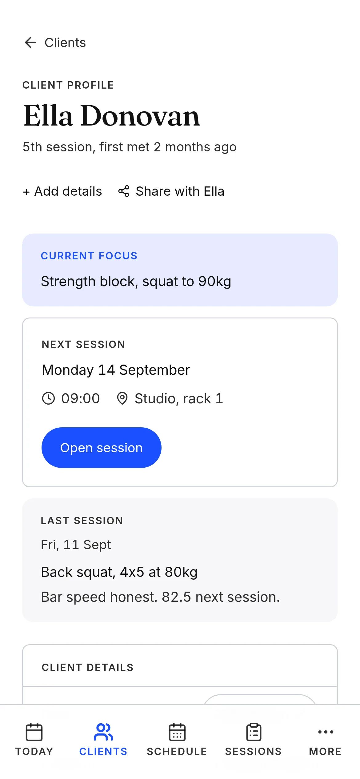A personal training client record in Another Session, showing the current focus of a strength block, the last session's back squat note, and the next appointment at the studio