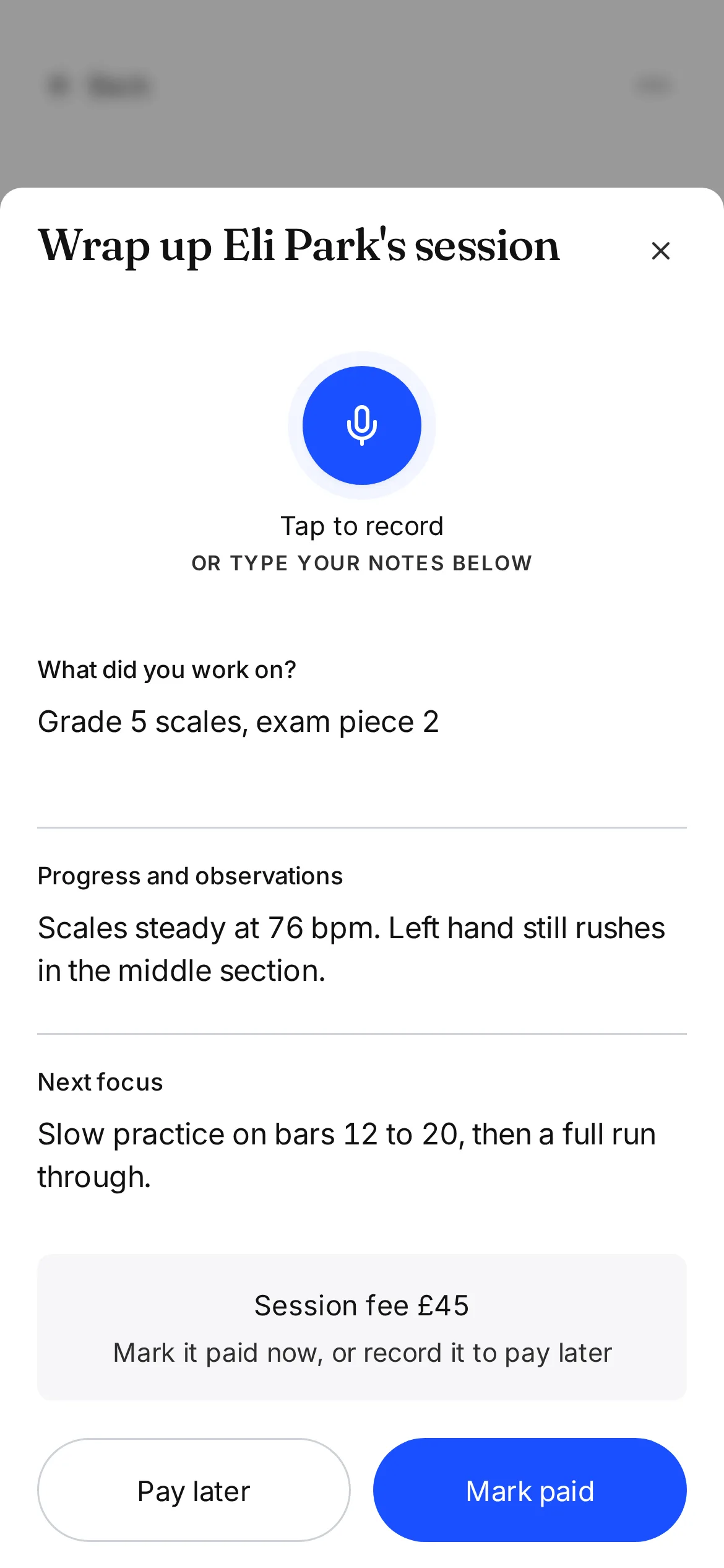 Another Session lesson wrap-up on a phone for Eli Park: worked on Grade 5 scales and an exam piece, progress notes about tempo, and the next focus for slow practice.