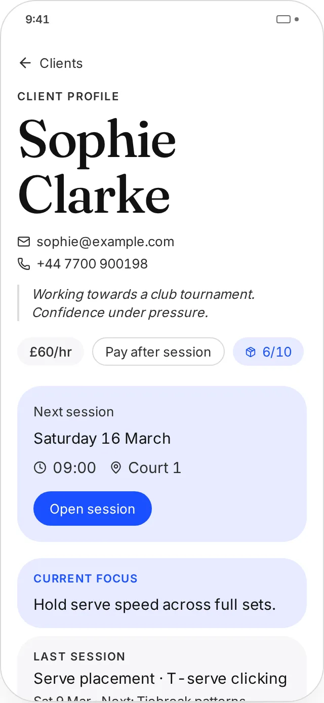 A client profile in Another Session with previous notes and the current focus