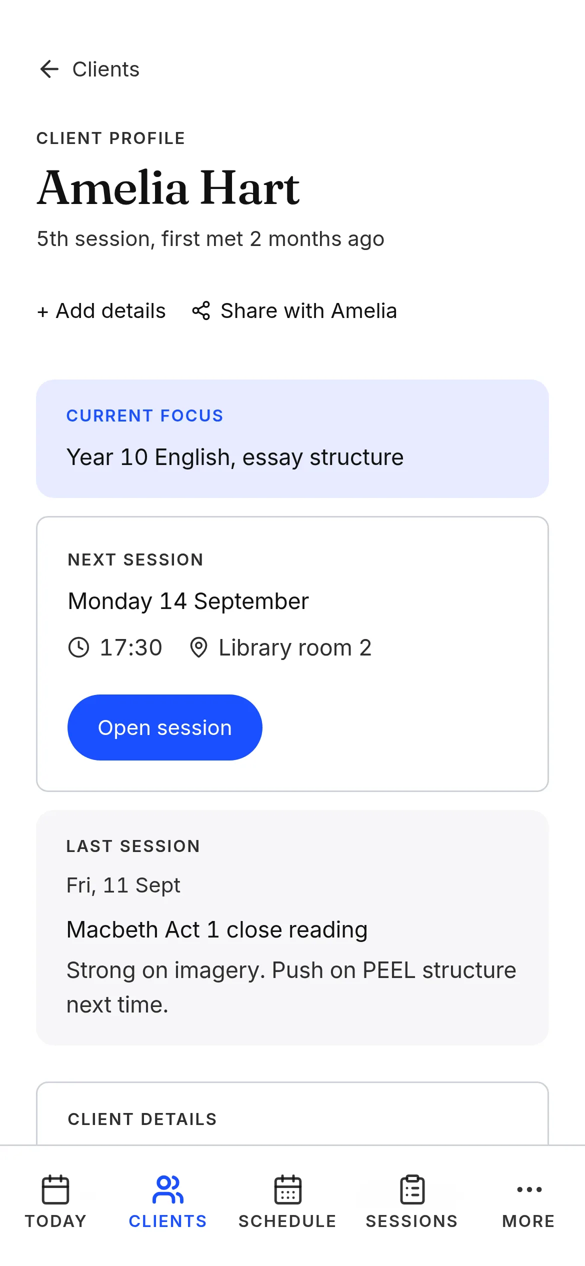 A tutoring student's record on a phone