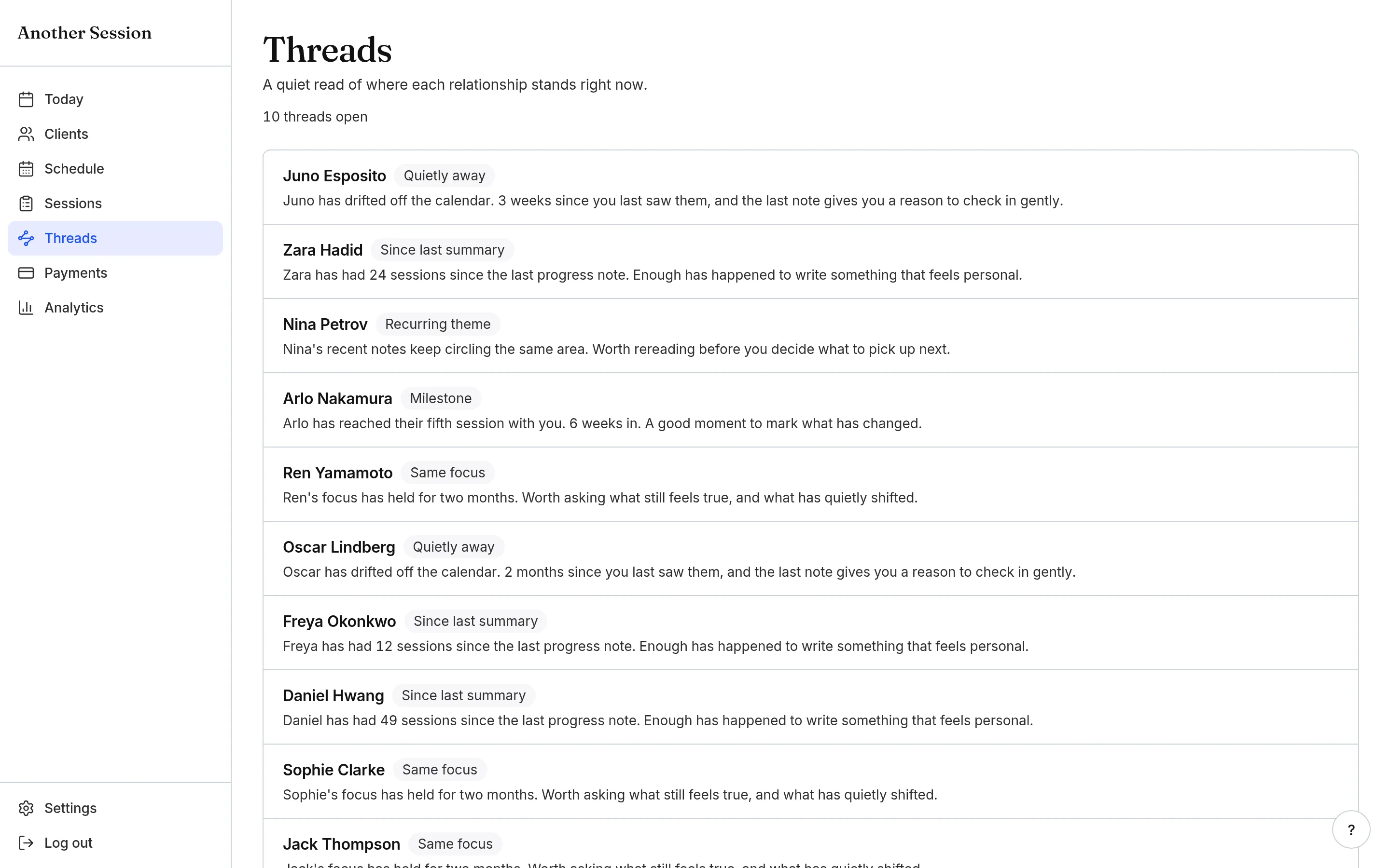 Another Session Threads, listing students with notes on recent lessons and progress