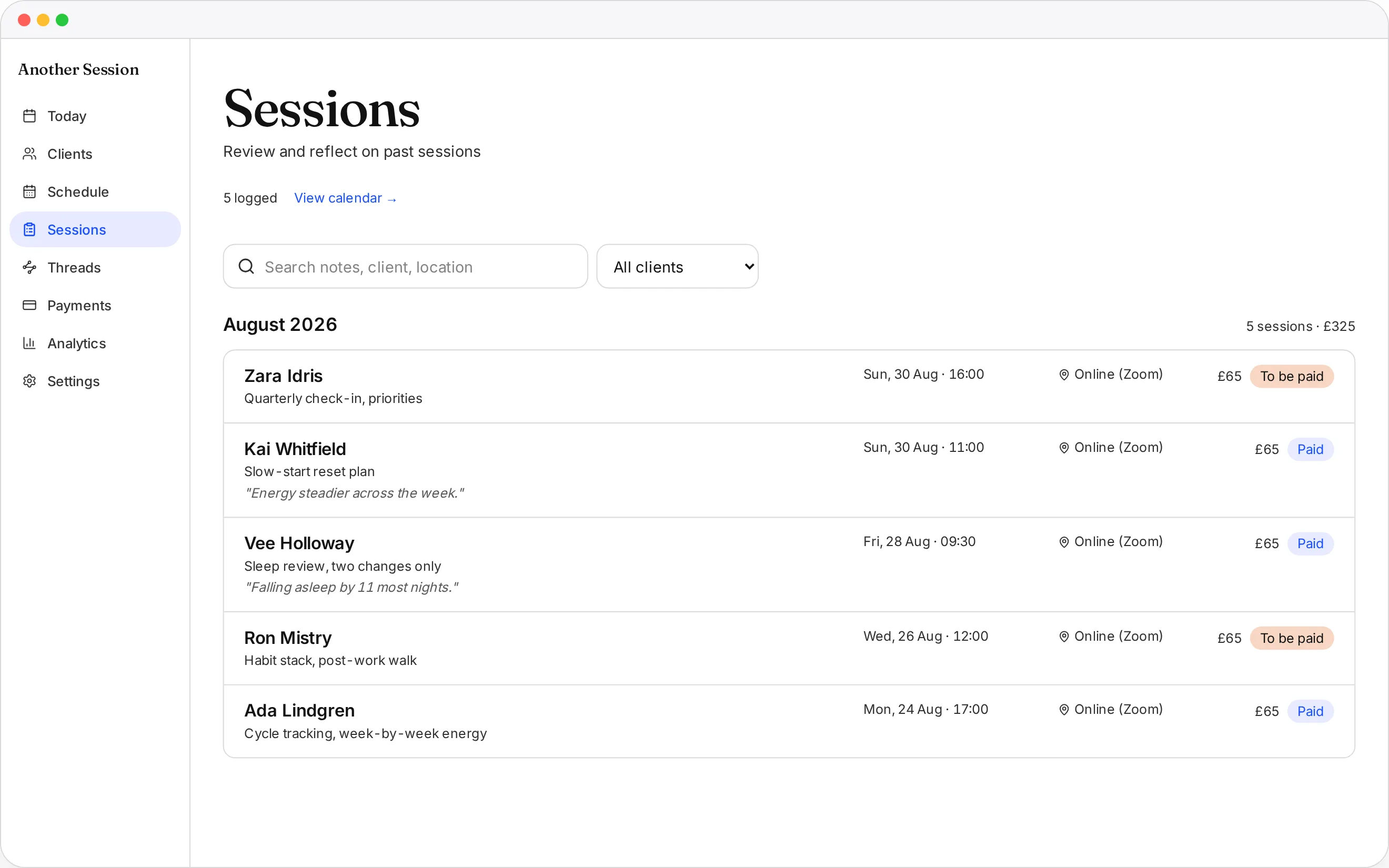 Every client, every habit, every check-in in one calm view. in Another Session