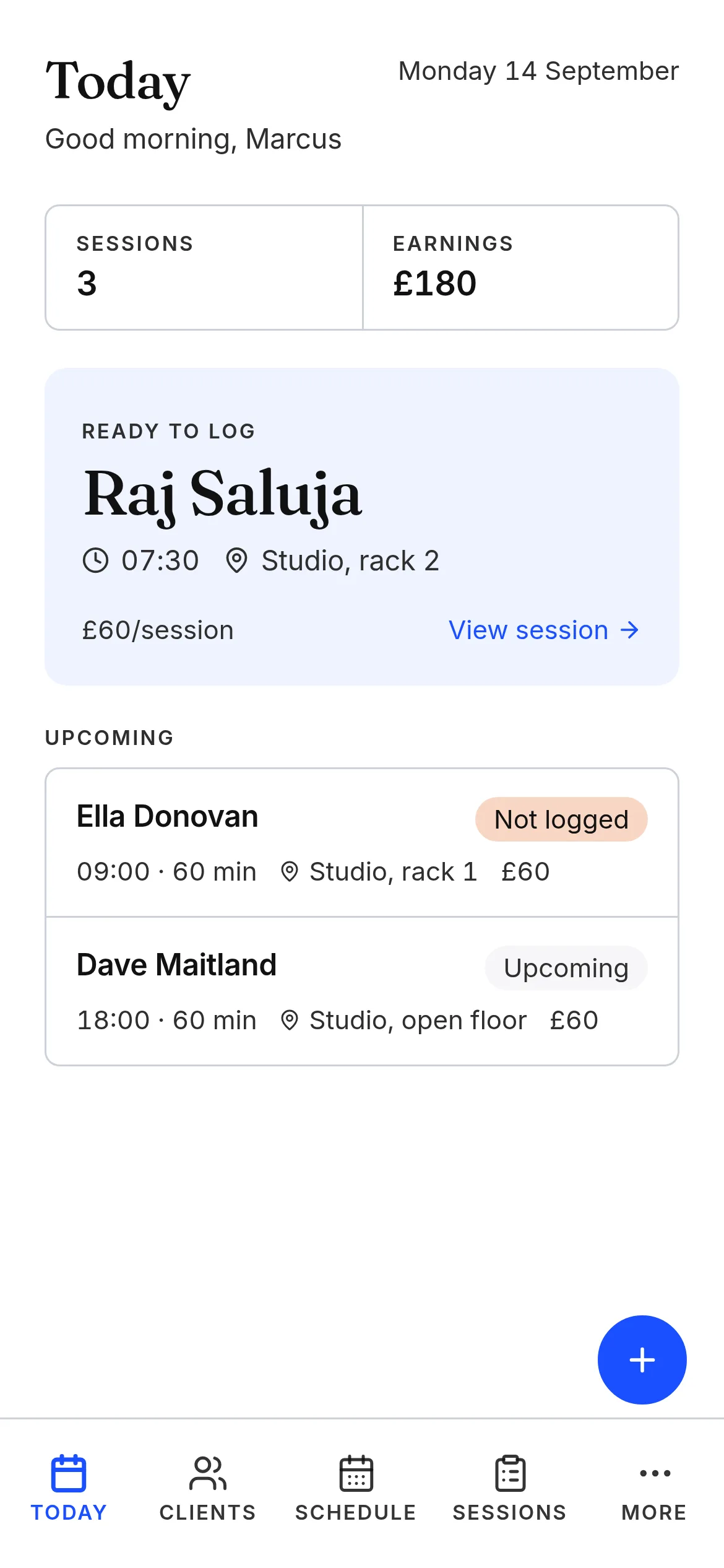 A personal trainer's training day in Another Session on a phone