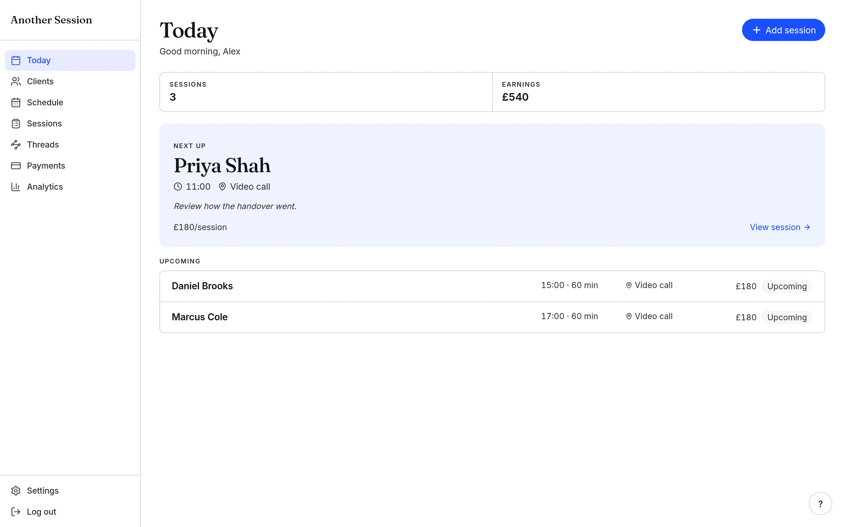 Another Session showing Alex’s executive coaching day with Priya Shah and Daniel Brooks