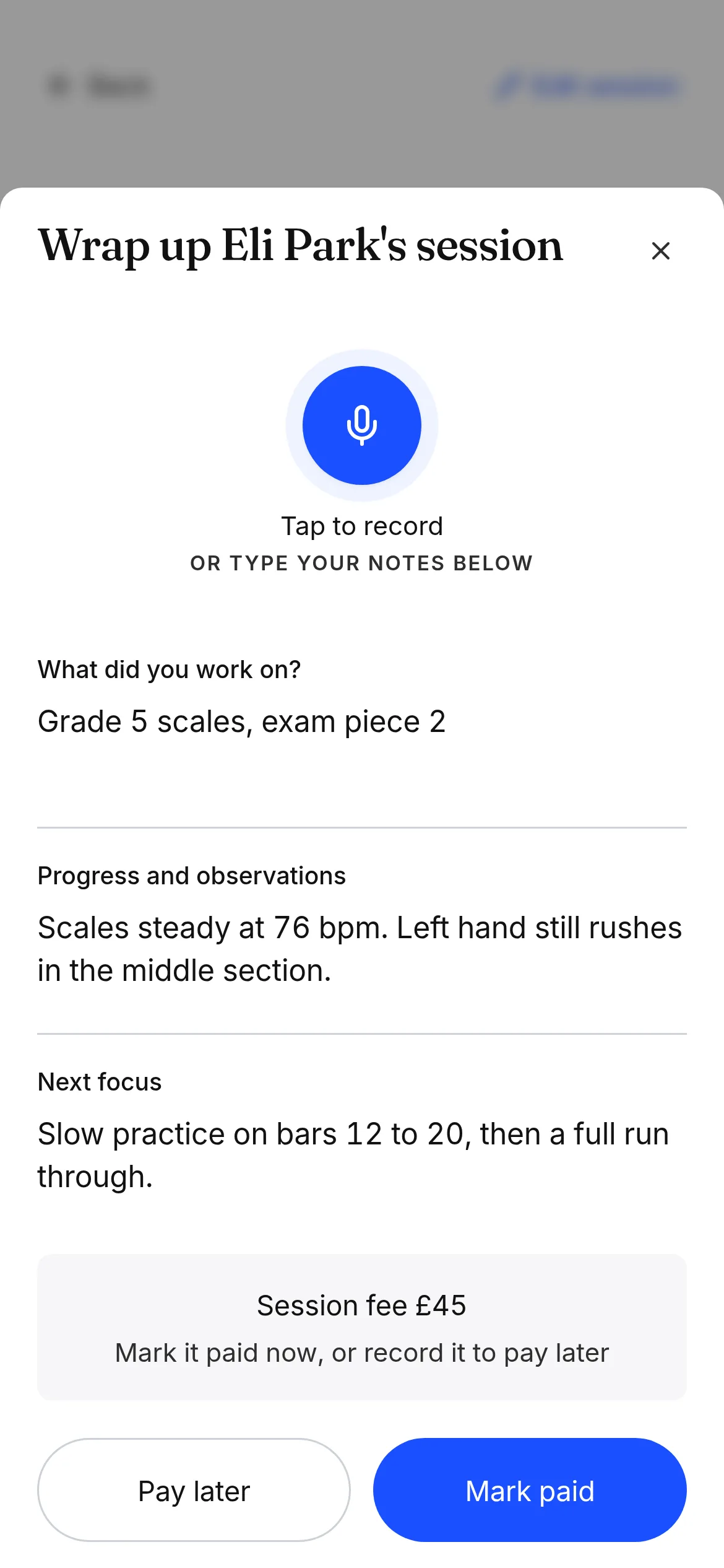 Completing a music lesson and writing a lesson note on a phone
