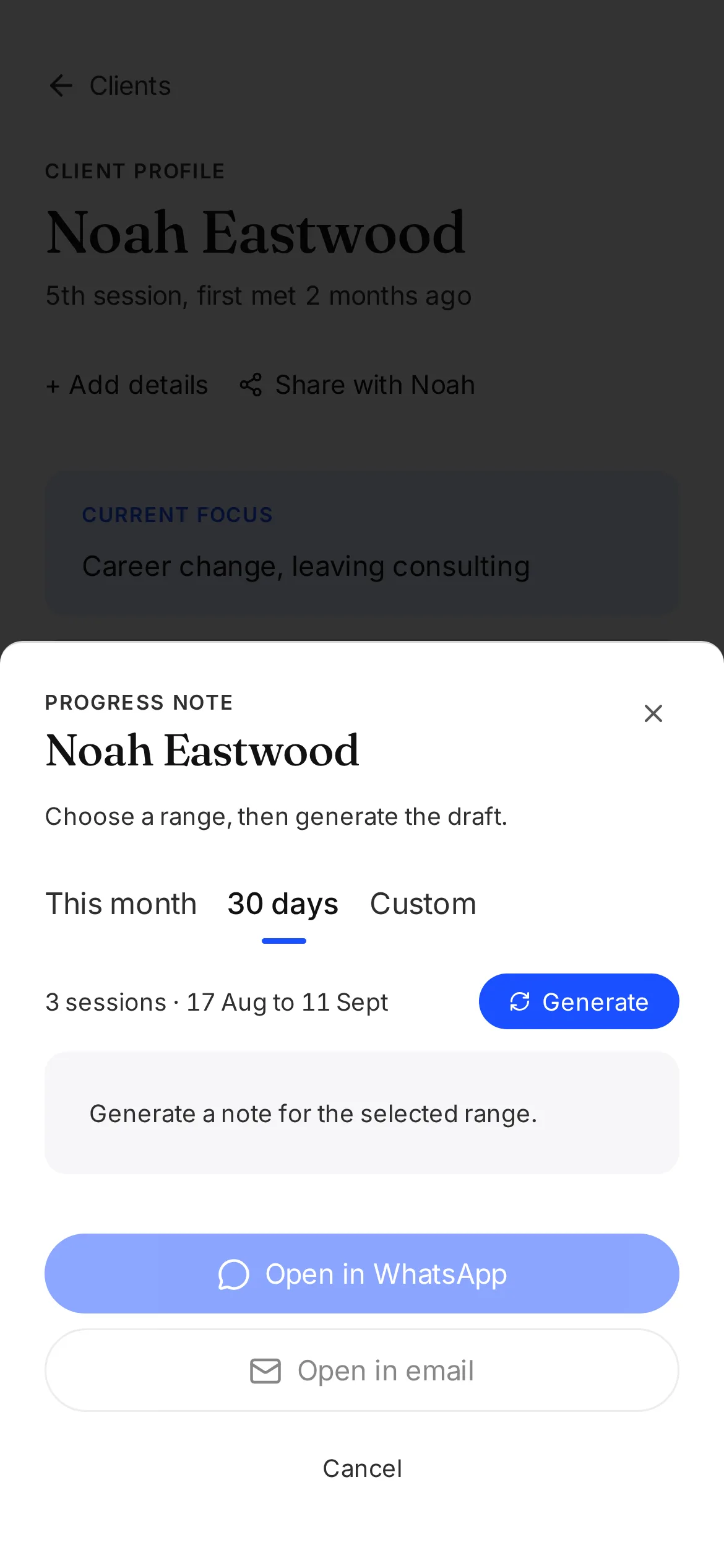 A draft life coaching summary on a phone
