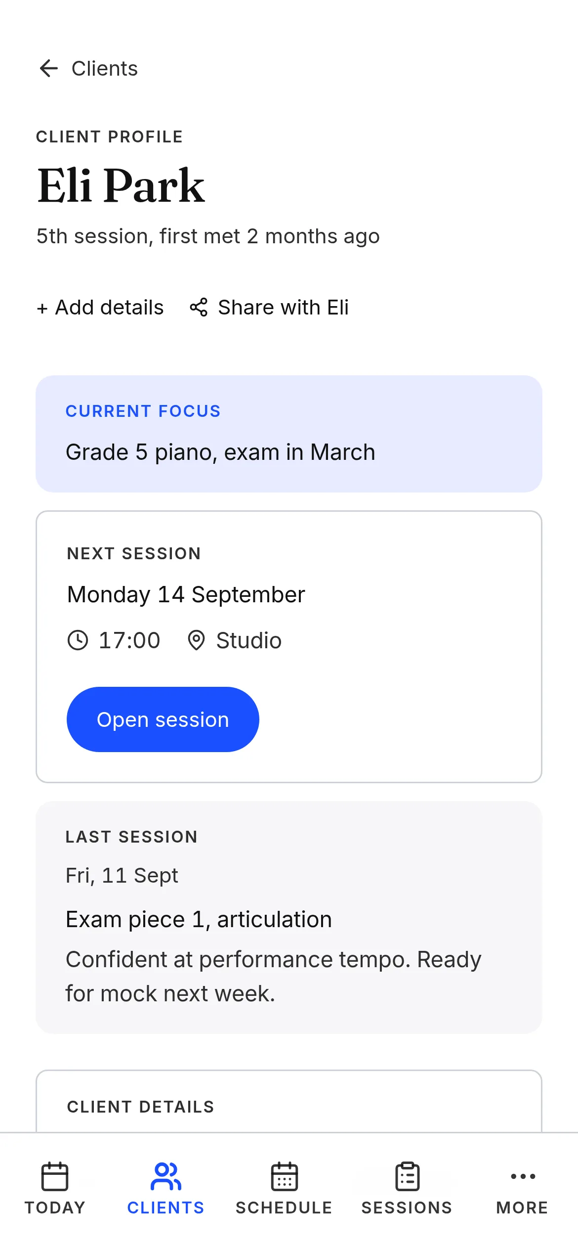 A fictional music student’s profile and lesson history in the real Another Session app