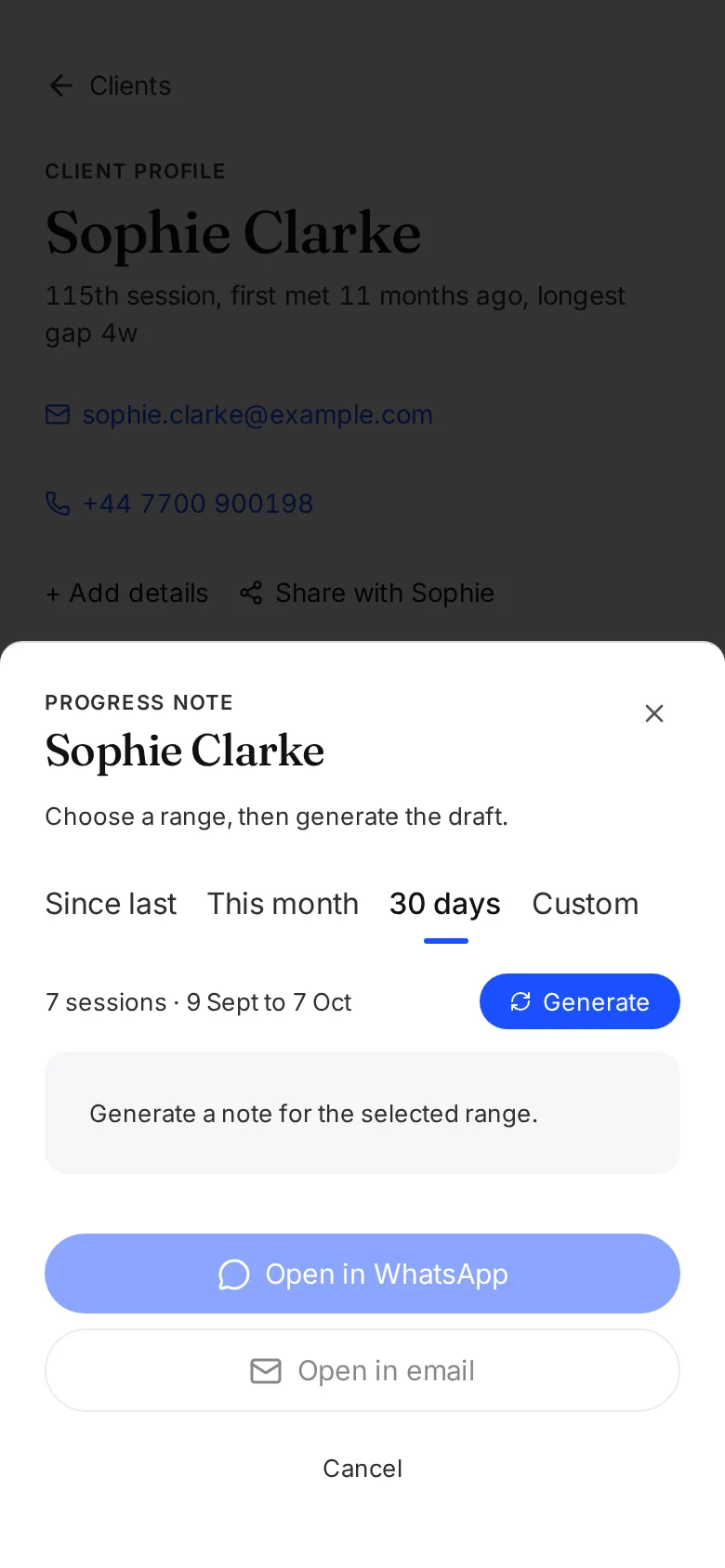 Sophie Clarke's progress-note screen with a selected 30-day range and seven sessions ready for a draft