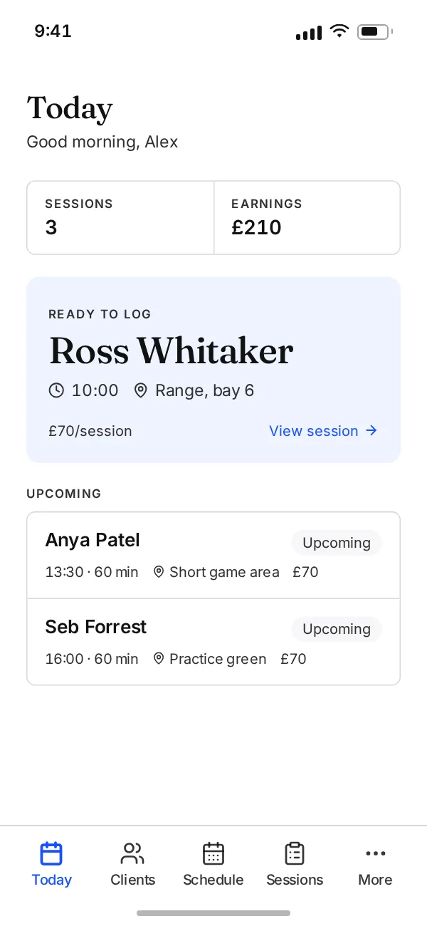 Another Session showing a golf coache’s day on a laptop and a phone