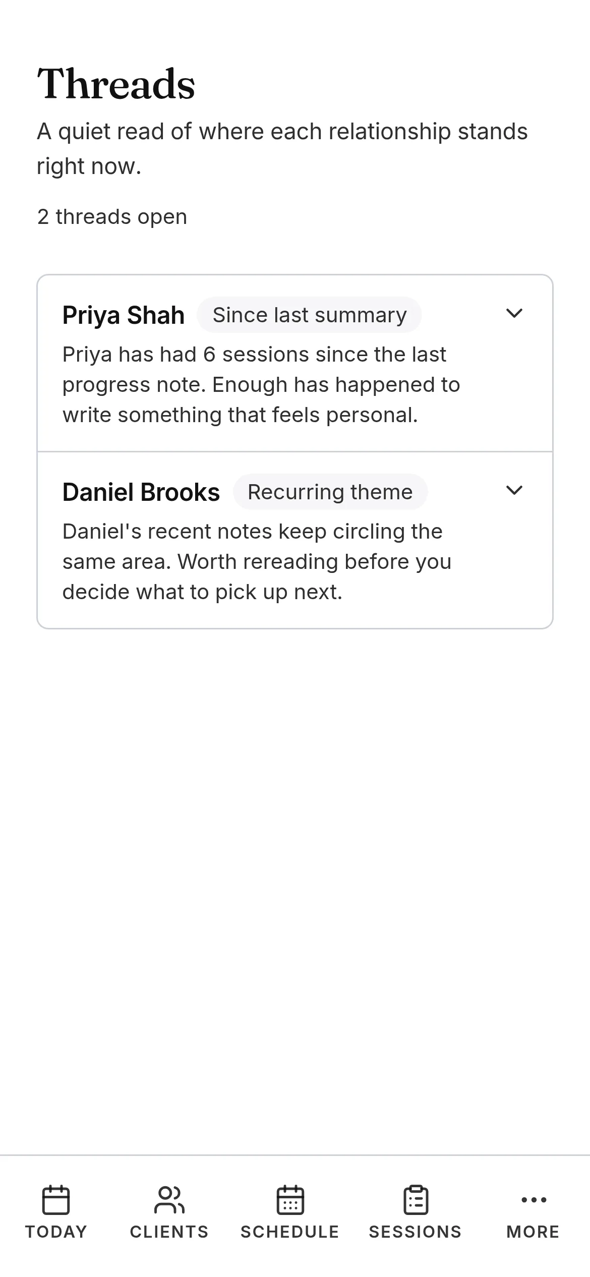 Threads in Another Session, showing which executive coaching clients are ready for a progress note or have a recurring theme