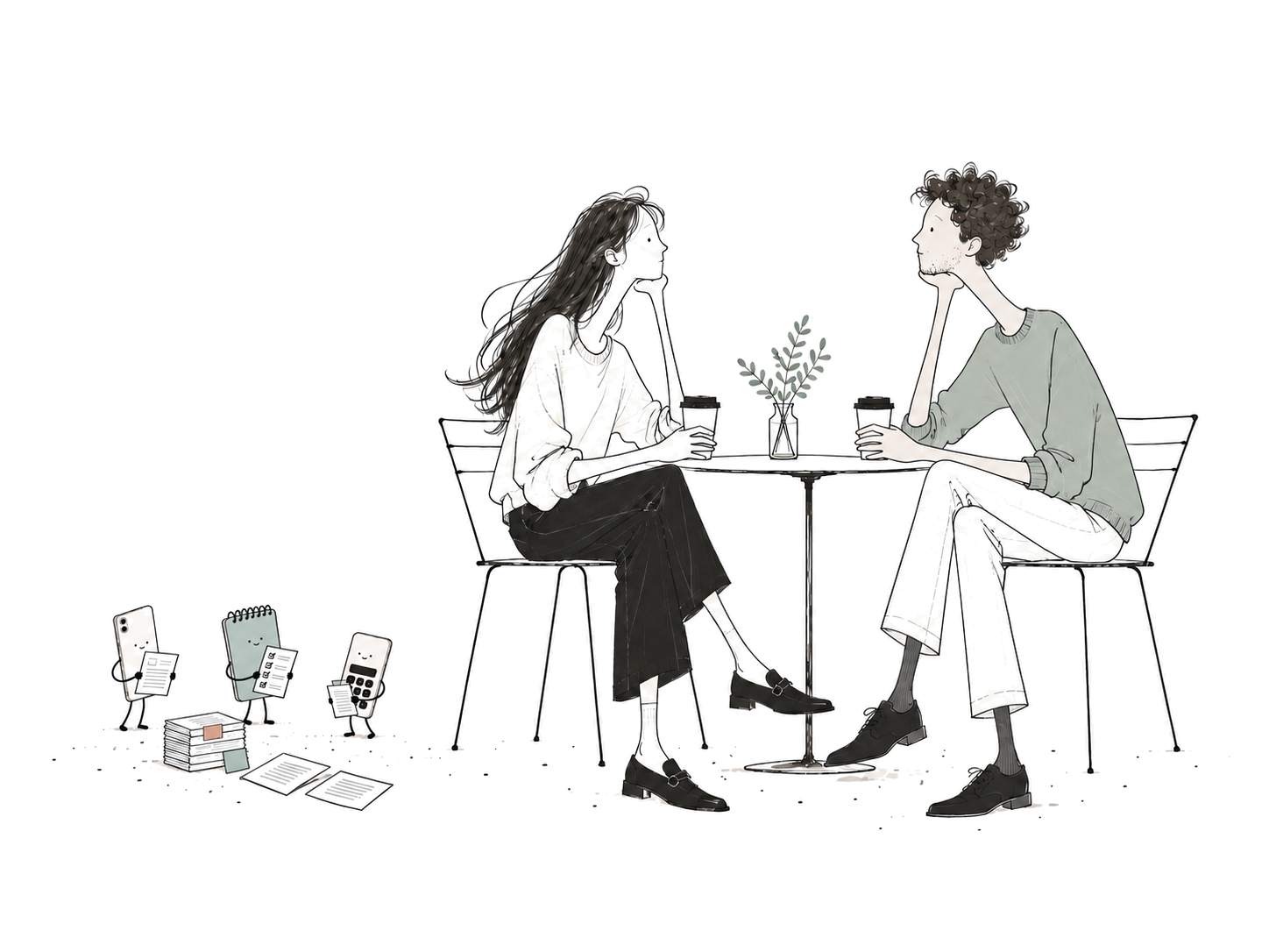 A coach and client talking at a café table, with notes and admin tools beside them.