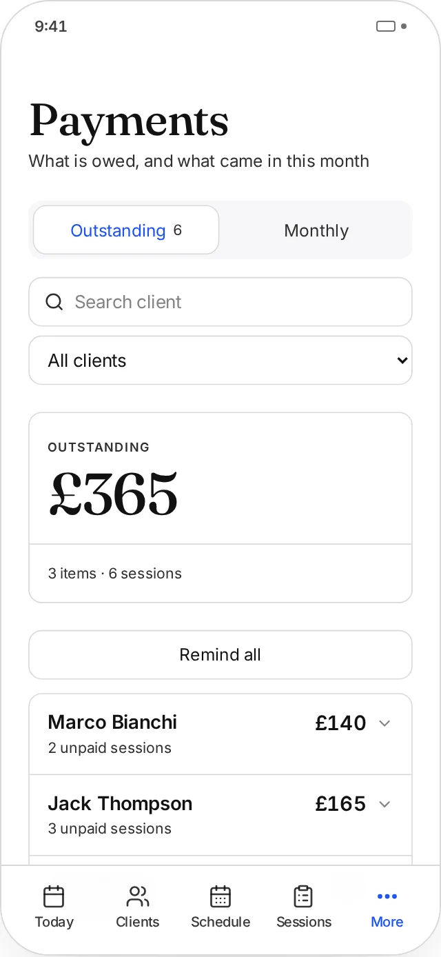 Outstanding payments grouped by client in Another Session