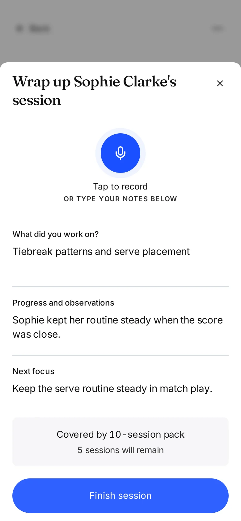 Sophie Clarke's filled session wrap-up: tiebreak patterns, observations, next focus and five package sessions remaining