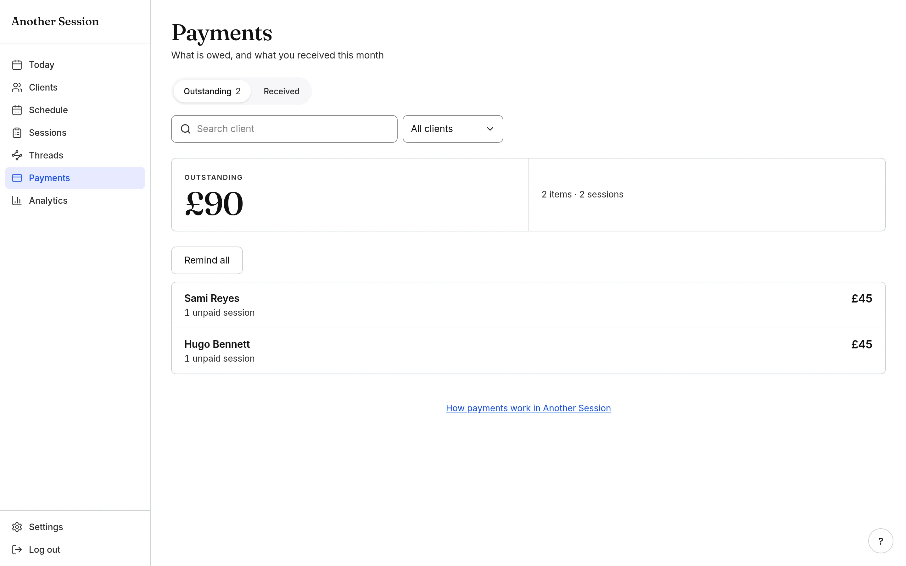 Another Session payments showing paid and outstanding music lessons