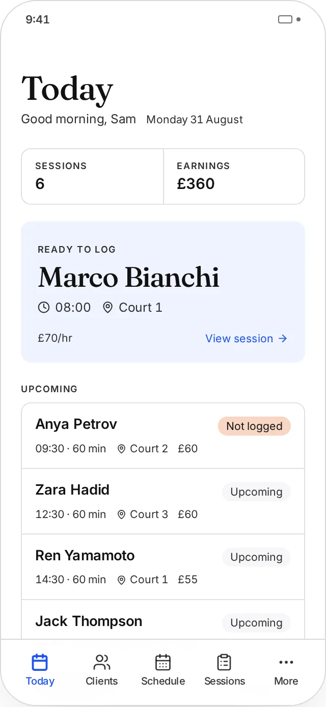 Today in Another Session, showing the next session and the note from last time