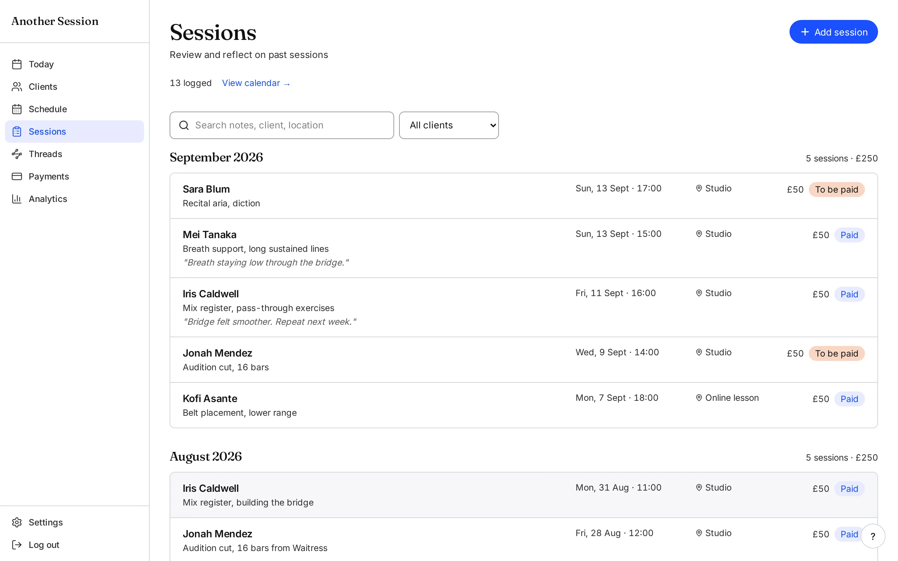 The repertoire and the voice, both held in one place. in Another Session
