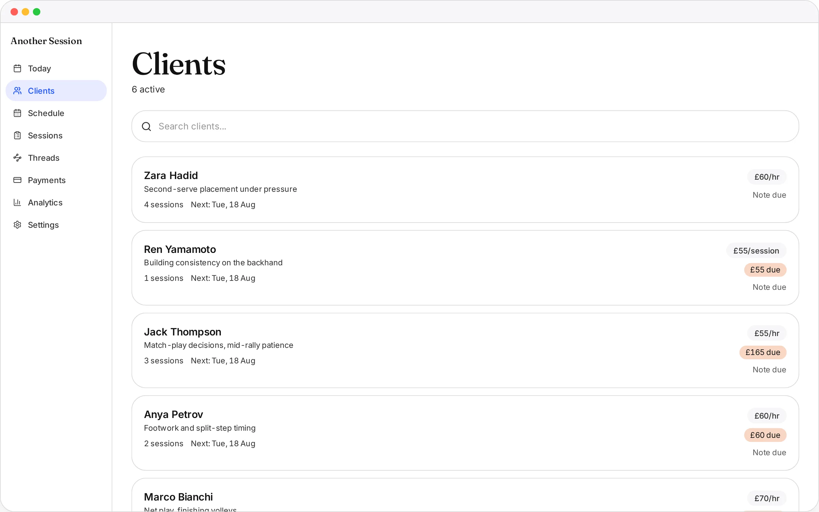 Another Session client list with next session dates, package balances and payment status