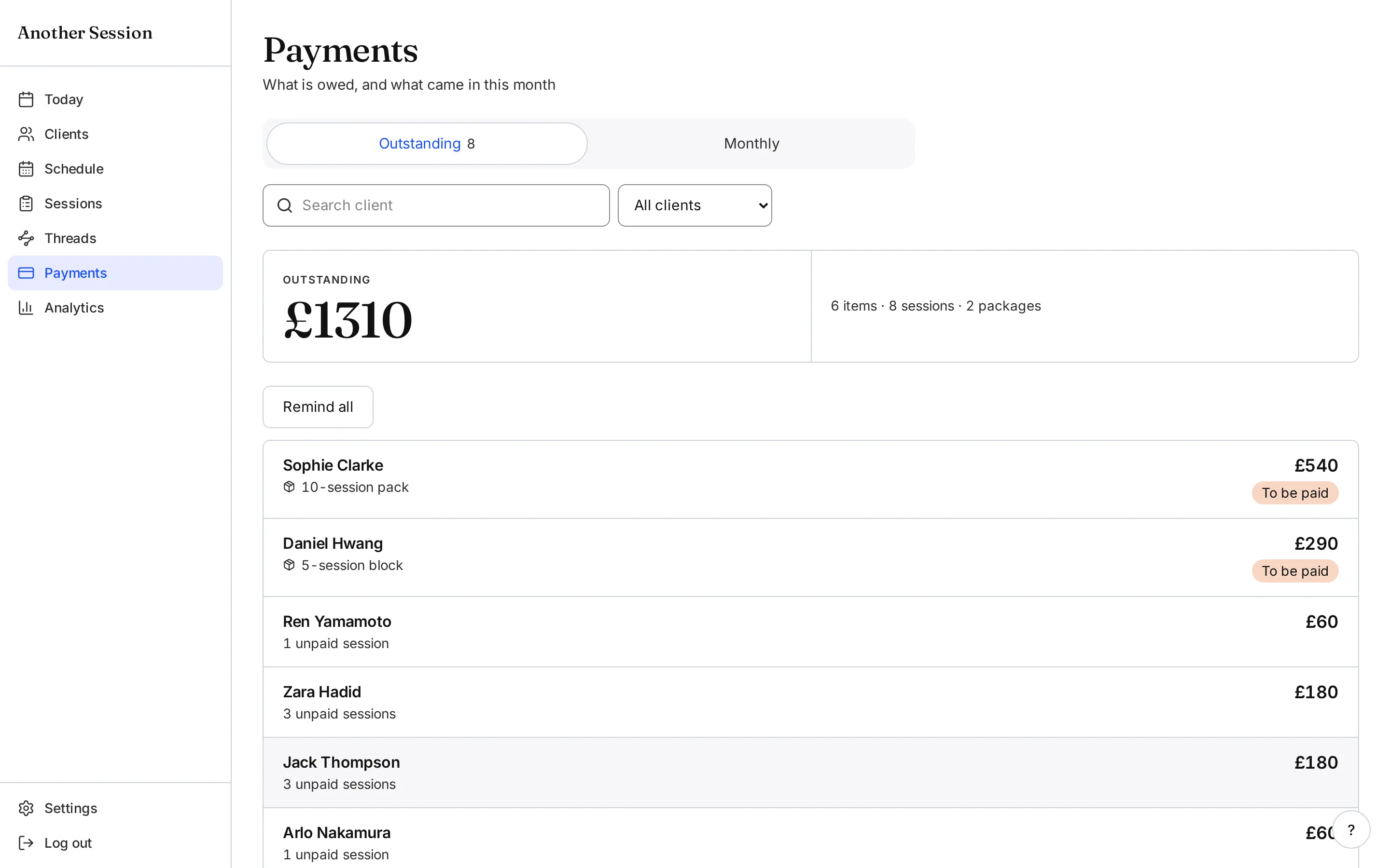 Another Session payments screen showing amounts due, paid sessions and package balances