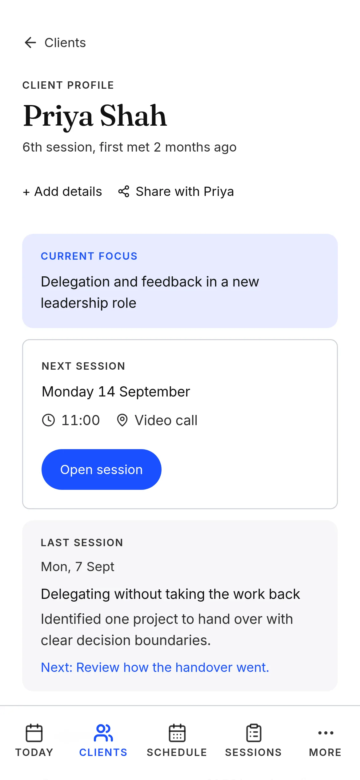Priya’s current focus, next session and previous coaching note on a phone