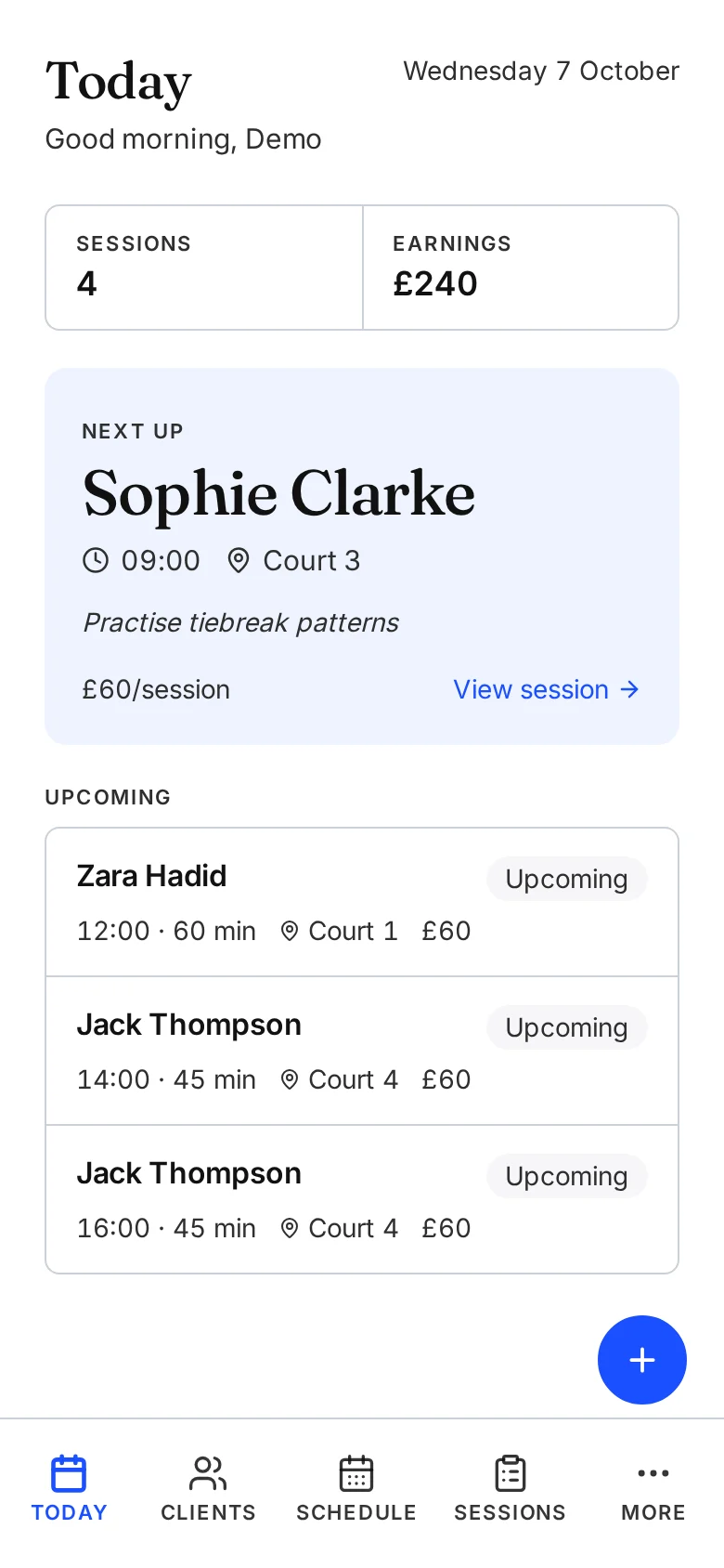 Sophie Clarke's 09:00 session on Today, with the previous note: Practise tiebreak patterns
