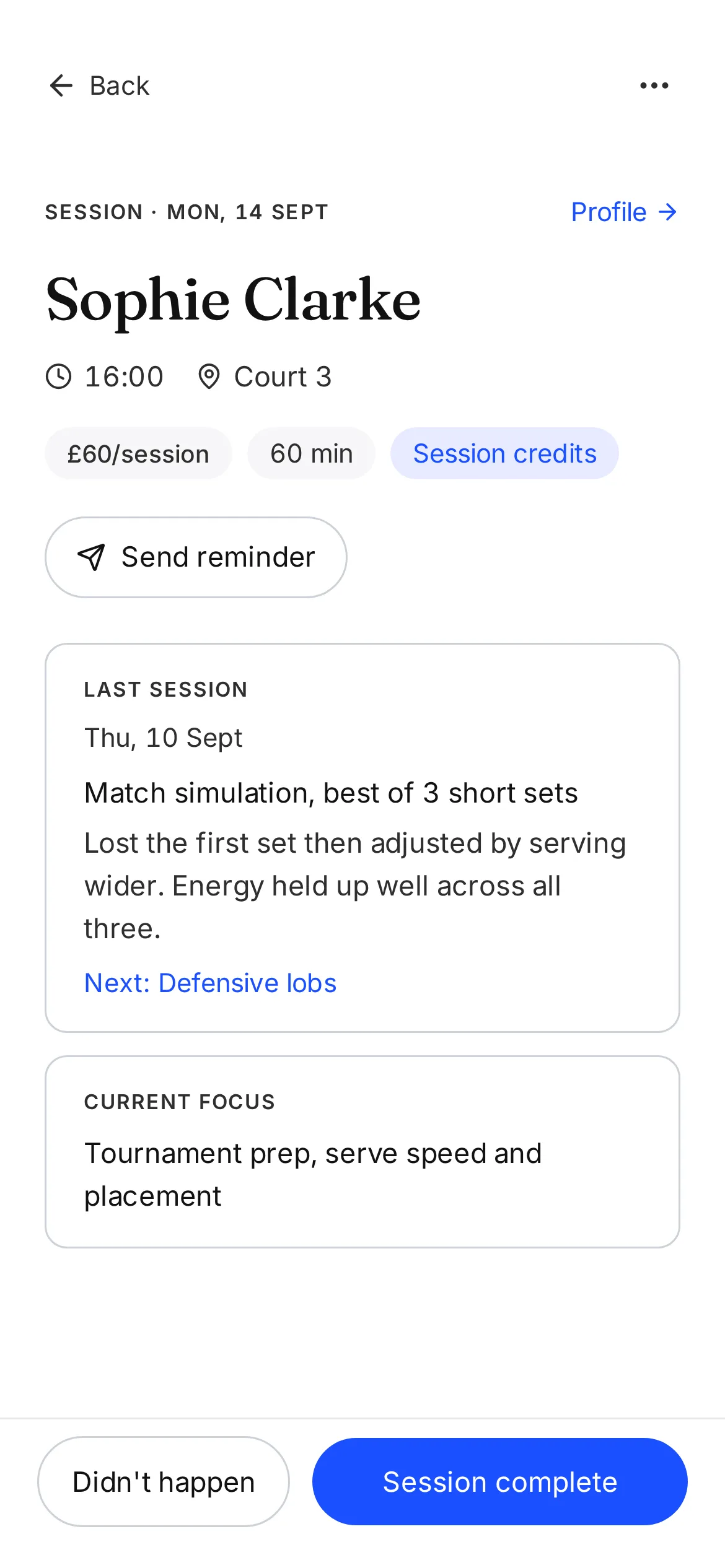 Another Session session screen on a phone for Sophie Clarke, showing the last session note with a next focus, and her current focus above the session details.
