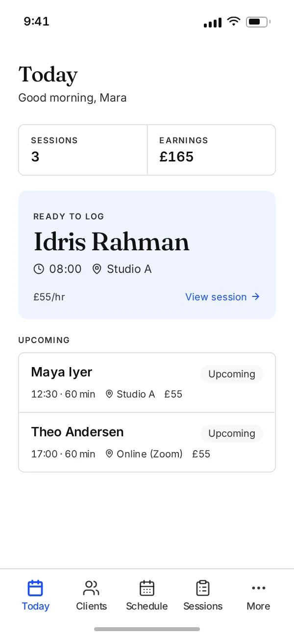 Another Session showing a yoga teacher’s day on a laptop and a phone