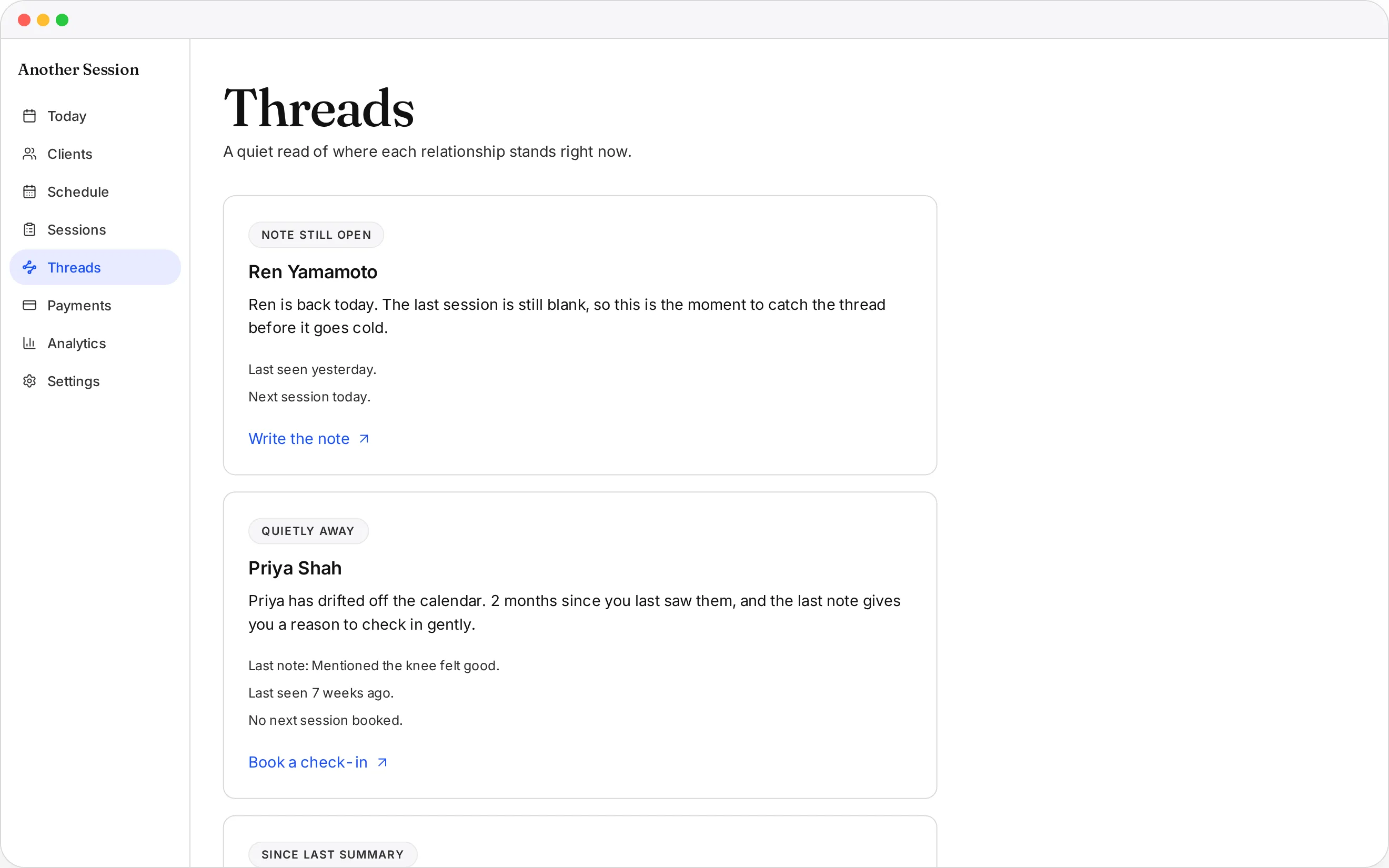 The threads screen in Another Session