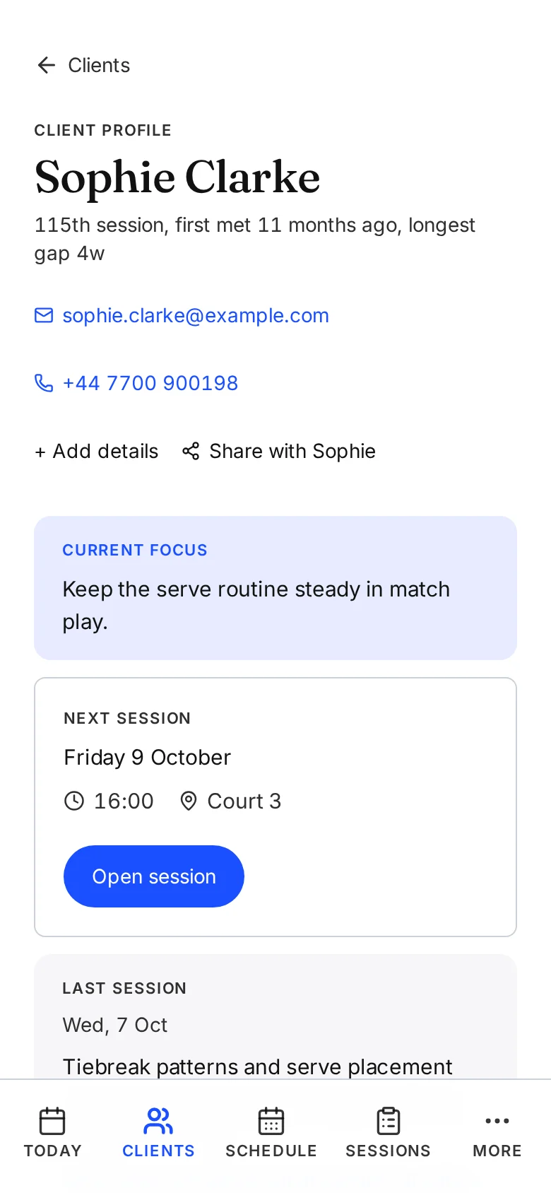 Sophie Clarke's client record with her saved next focus, next appointment and last session note