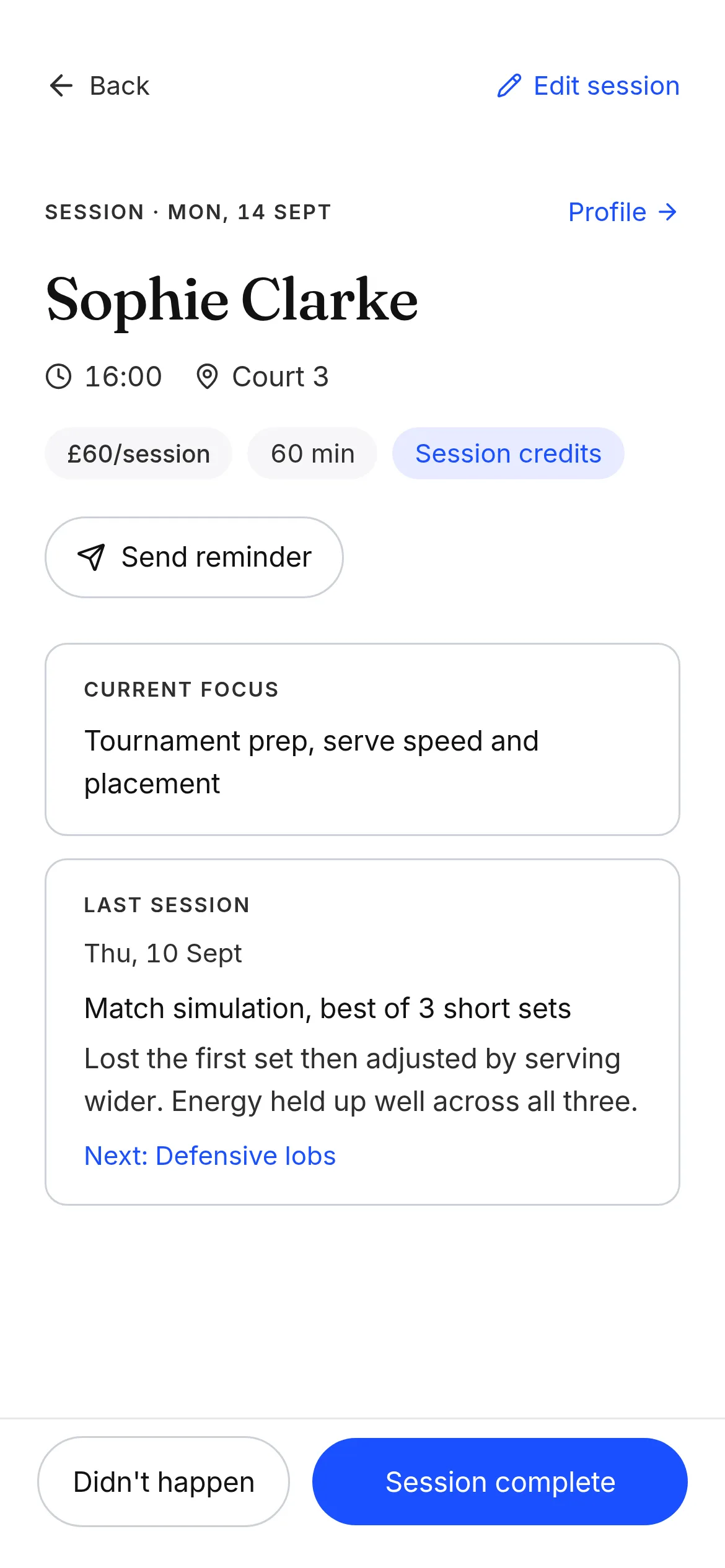A completed tennis session on a phone