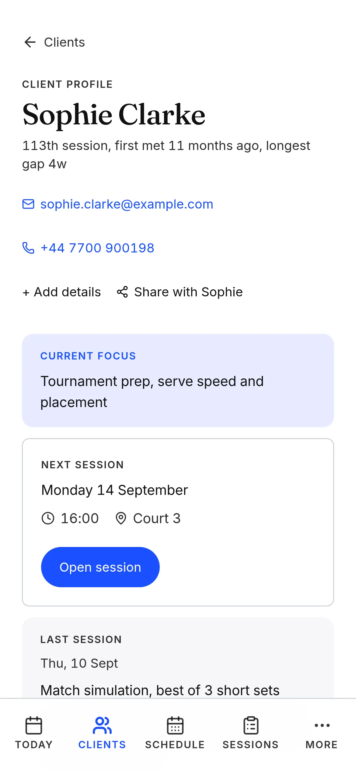 A tennis player's record on a phone
