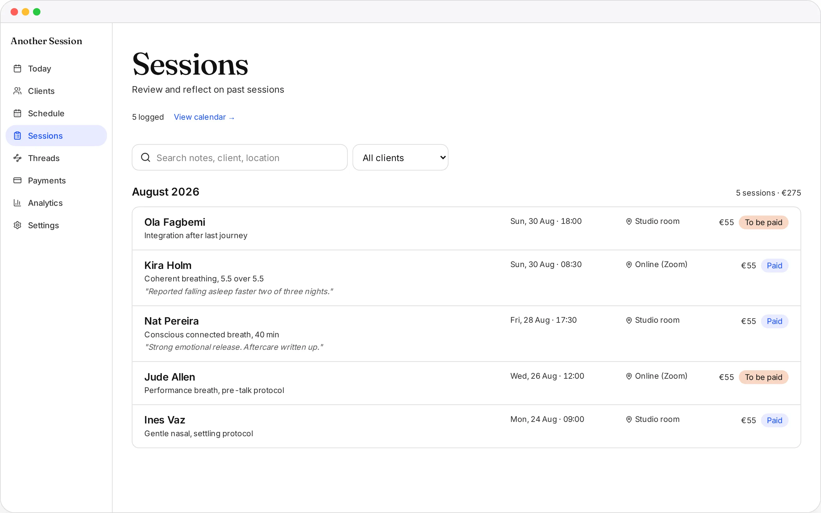 Every client, every breath, every integration in one calm view. in Another Session