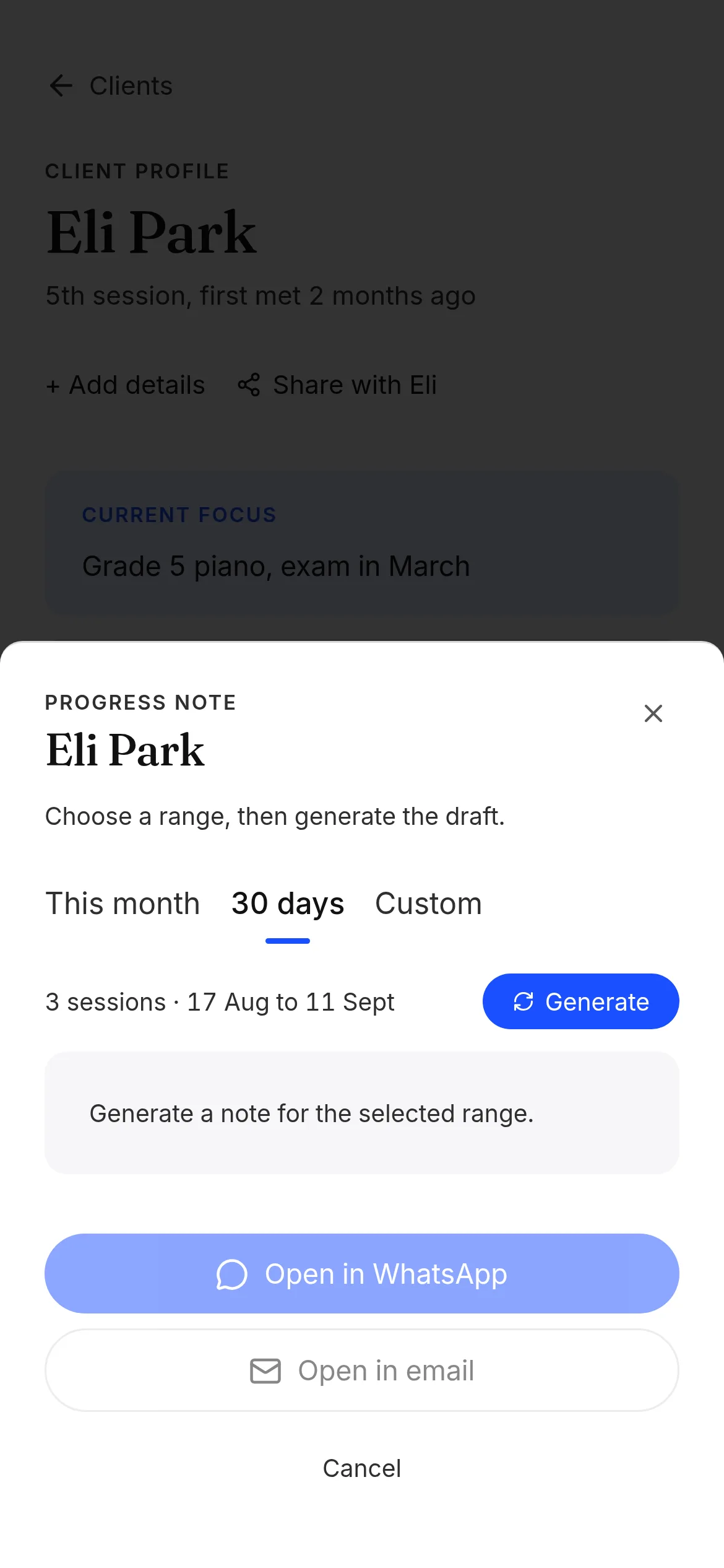 A draft music progress summary on a phone