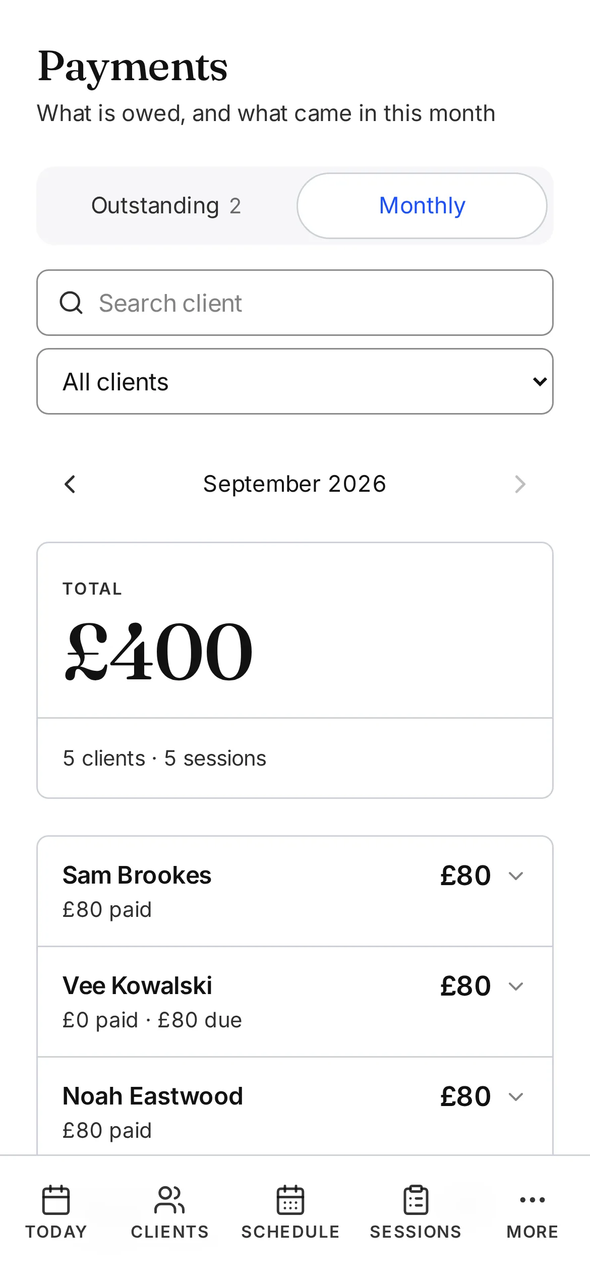 Outstanding coaching session payments on a phone